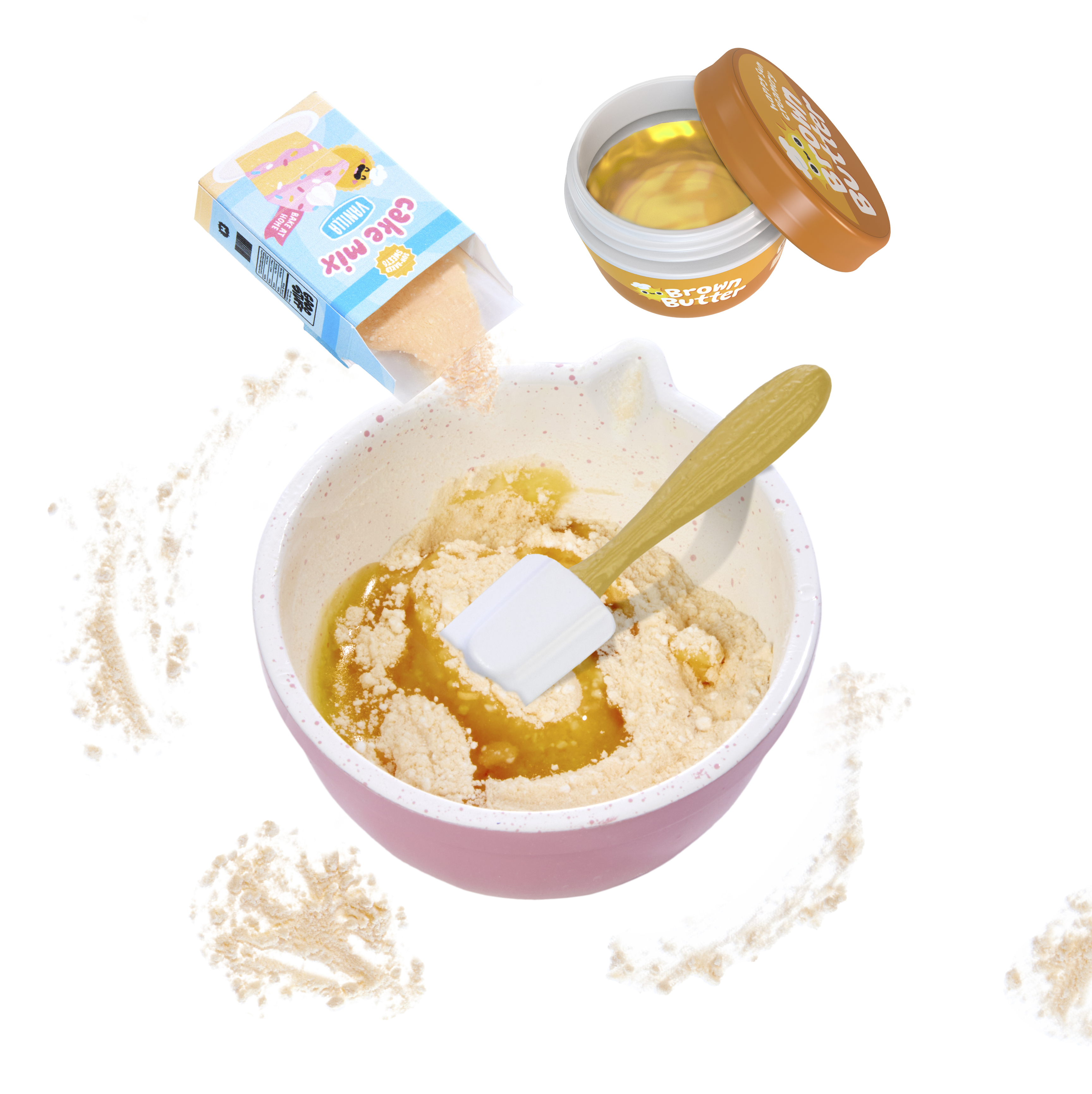 Składniki do ciasta: miska z mieszanką, małe pudełko i słoik z łyżką.