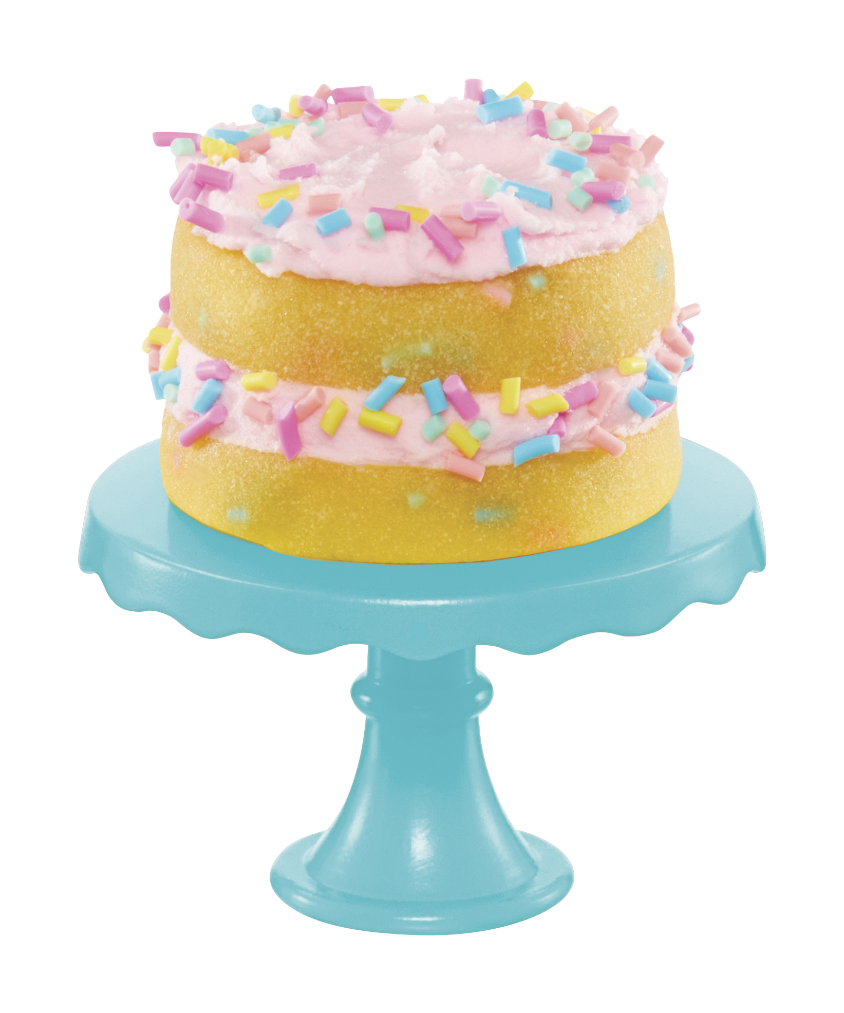 Małe żółte ciasto z różowym lukrem i kolorową posypką na niebieskim stojaku na ciasto.