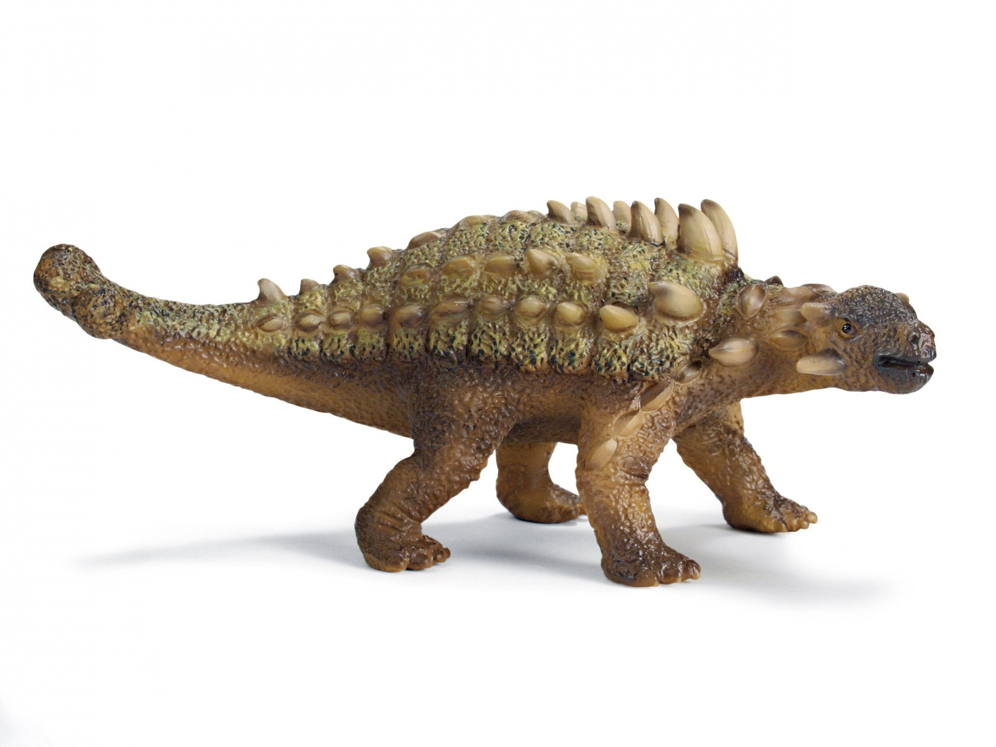 Ein Ankylosaurus-Spielzeug, braun und hellbraun, mit Knochenplatten und Stacheln. Auf weißem Grund.