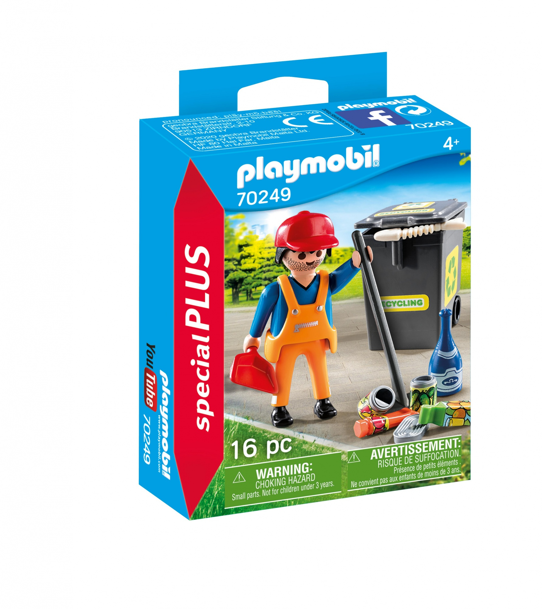 Playmobil-Spielset mit einer Müllmannfigur, einer Recyclingtonne und Zubehör in einer Verpackung.