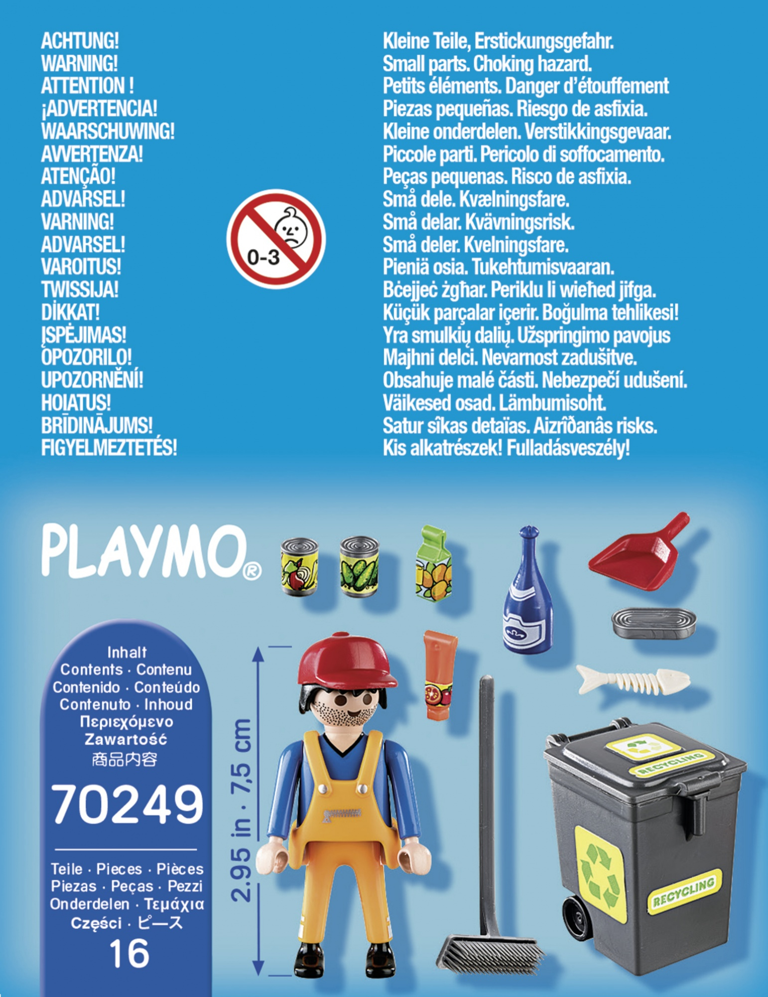 Ein Playmobil-Spielset mit einer Müllmannfigur, einem Recyclingbehälter und Zubehör.