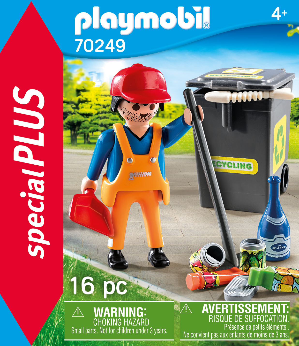 Playmobil-Set: Eine Figur eines Arbeiters mit Mülltonnen und Reinigungsutensilien.