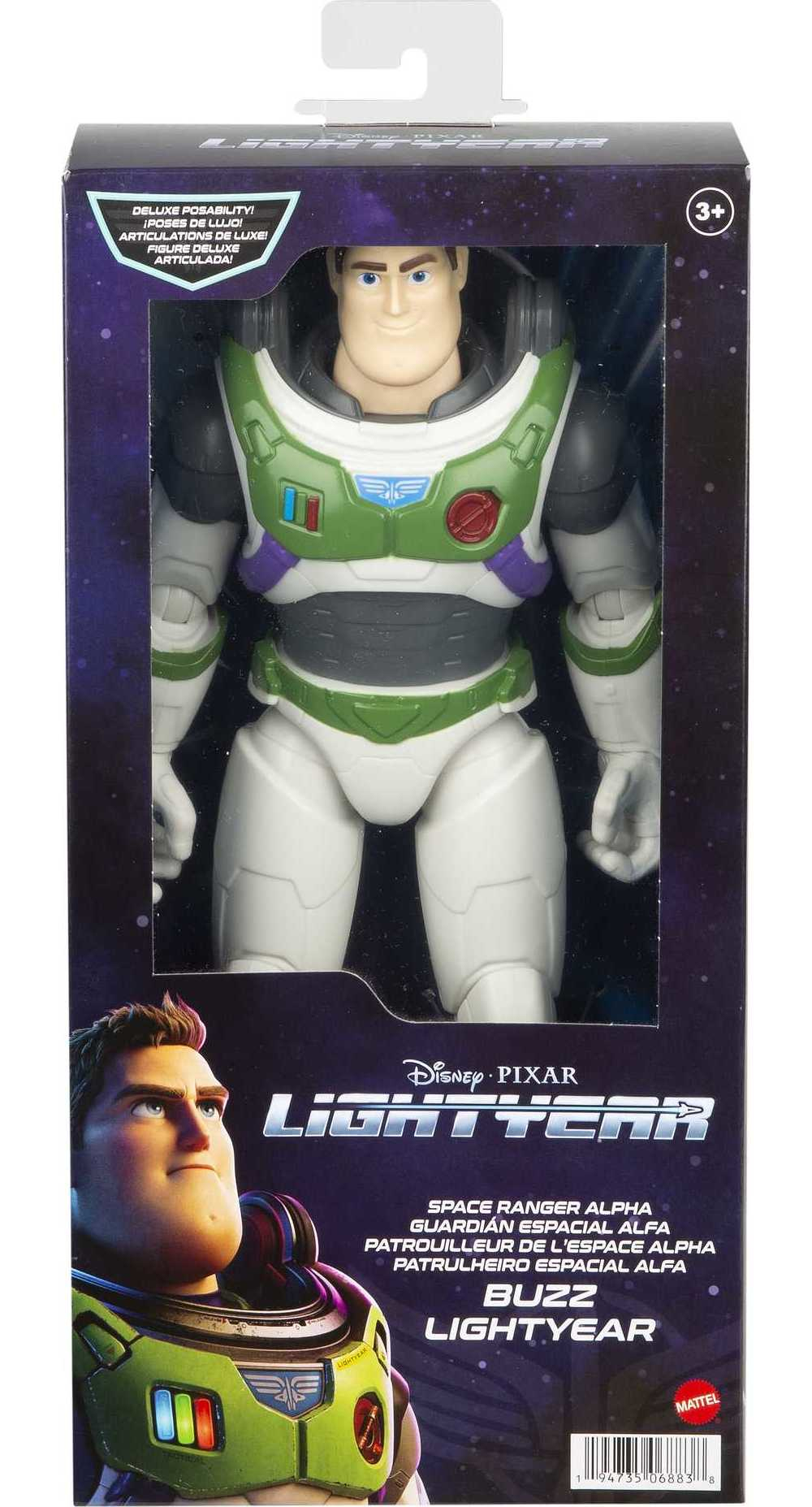 Giocattolo di Buzz Lightyear in una confezione. Indossa una tuta spaziale bianca e verde.