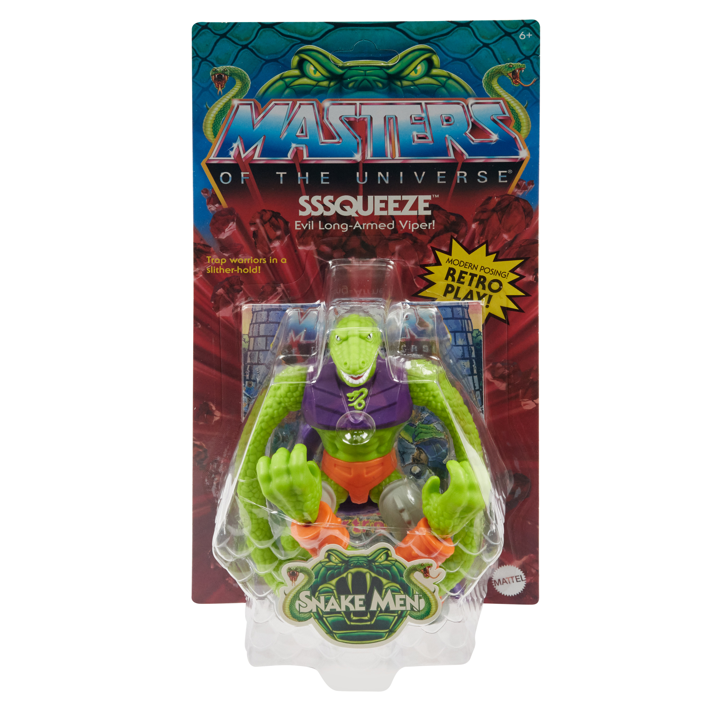 Ein Spielzeug von Sssqueeze aus Masters of the Universe, in Verpackung.