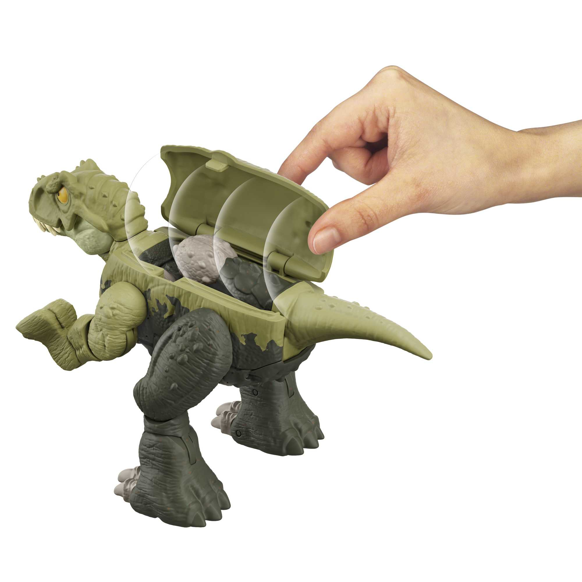 Un dinosauro giocattolo con una mano che apre la sua schiena per rivelare pietre grigie all'interno.