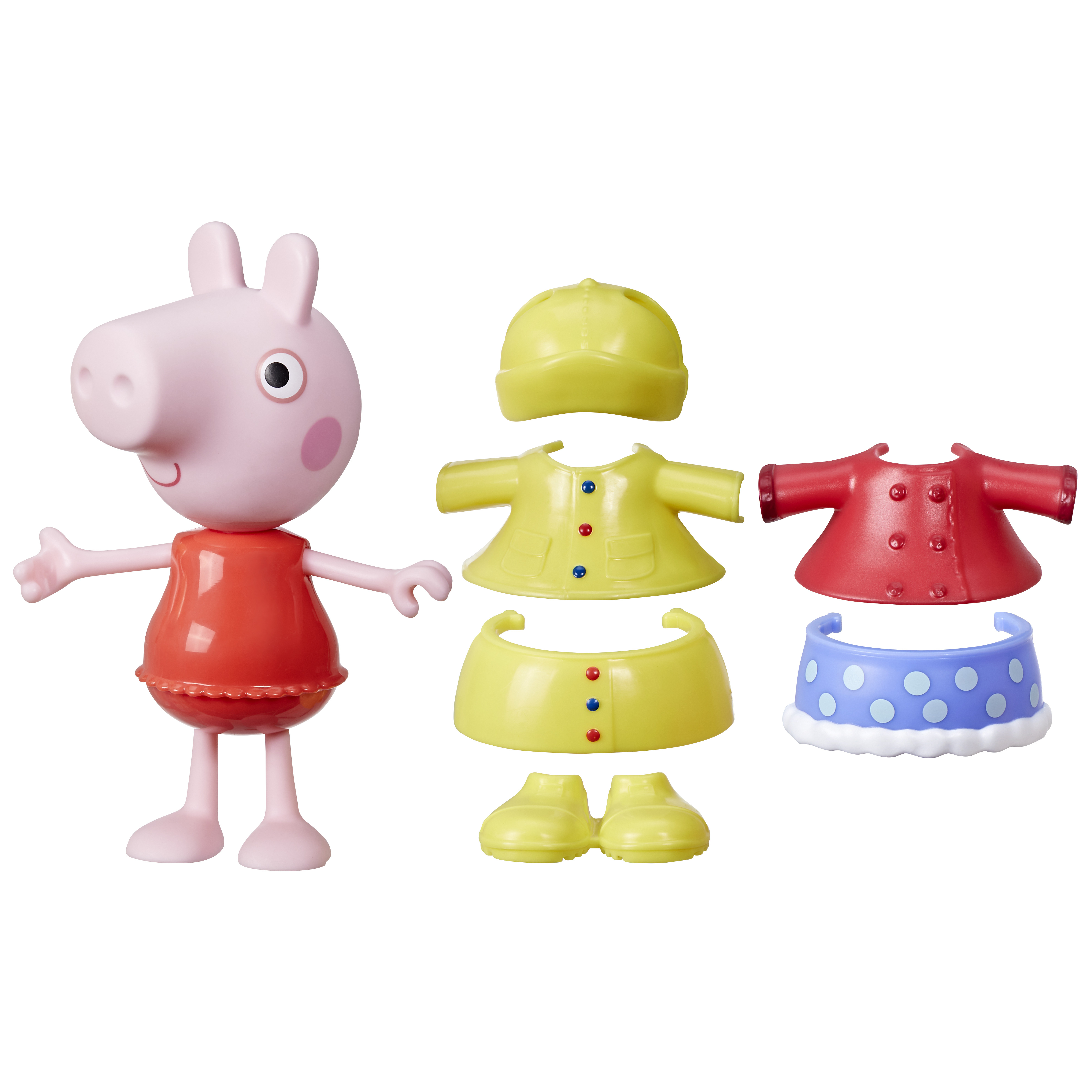 Giocattolo di Peppa Pig e i suoi vestiti: cappotto giallo, vestito rosso, gonna blu.
