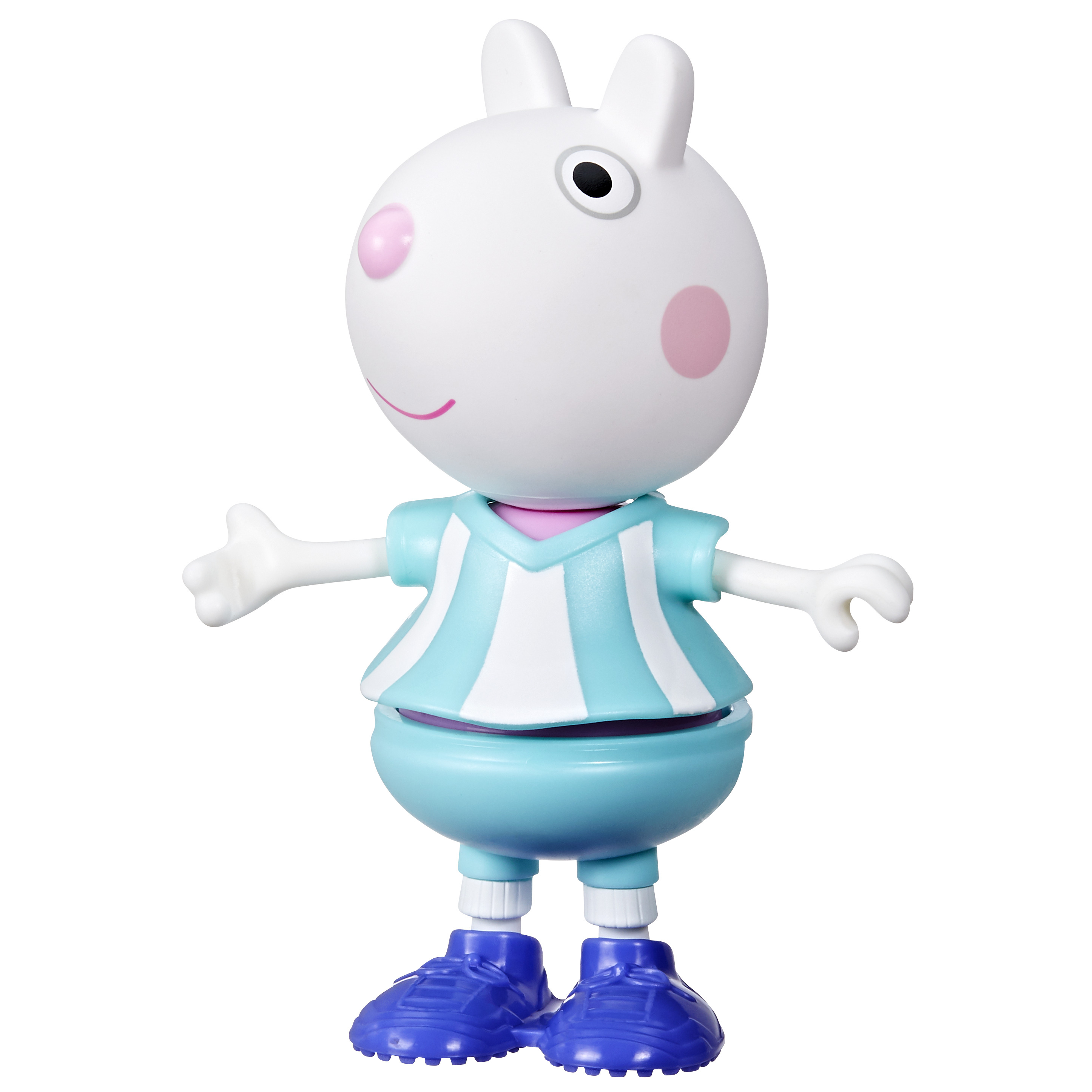Un juguete de Peppa Pig blanco con cabeza blanca y mejillas rosadas, que lleva una camisa azul y pantalones cortos, zapatos azules.