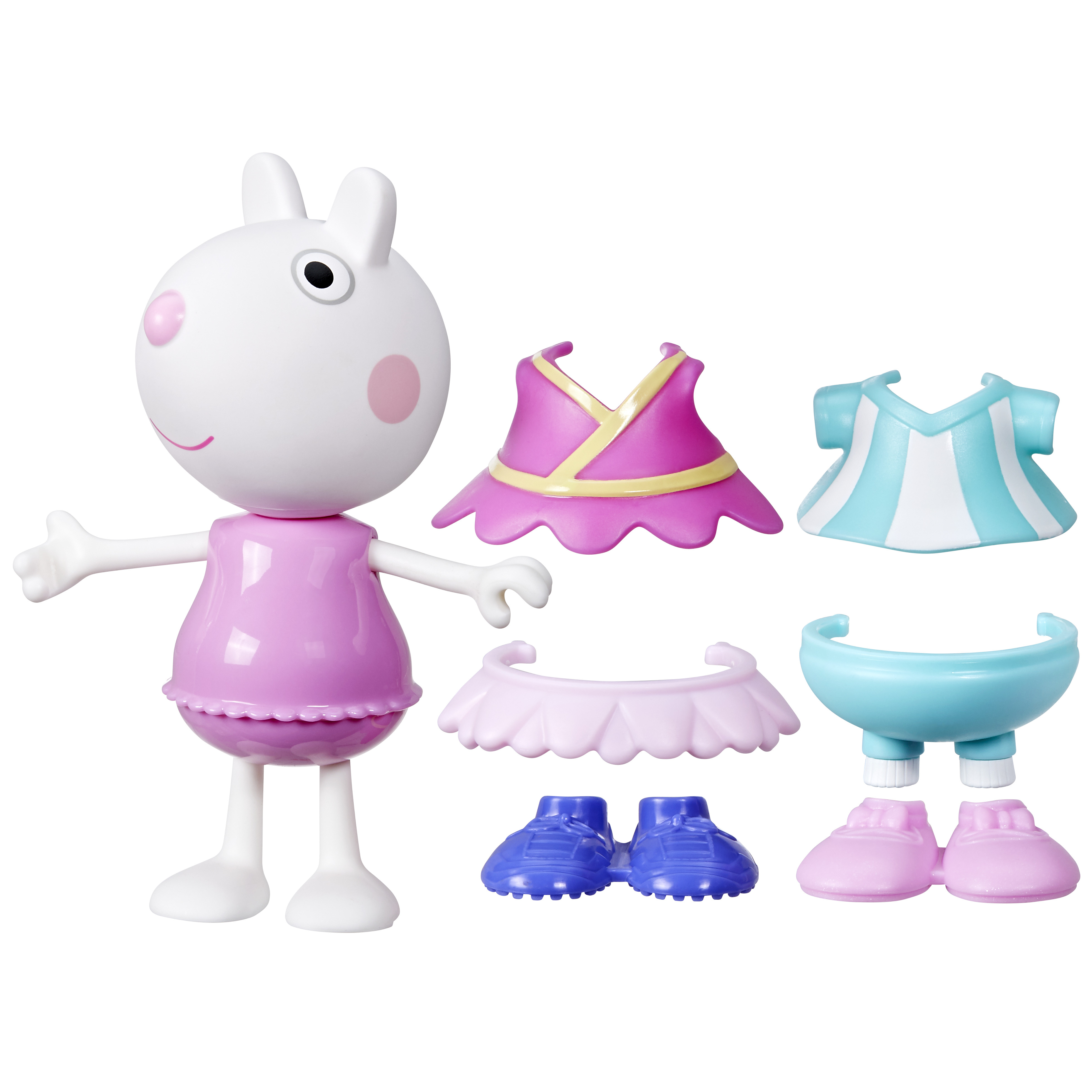 Una figura de juguete de Peppa Pig con ropa y accesorios junto a ella. La figura es rosa y blanca.