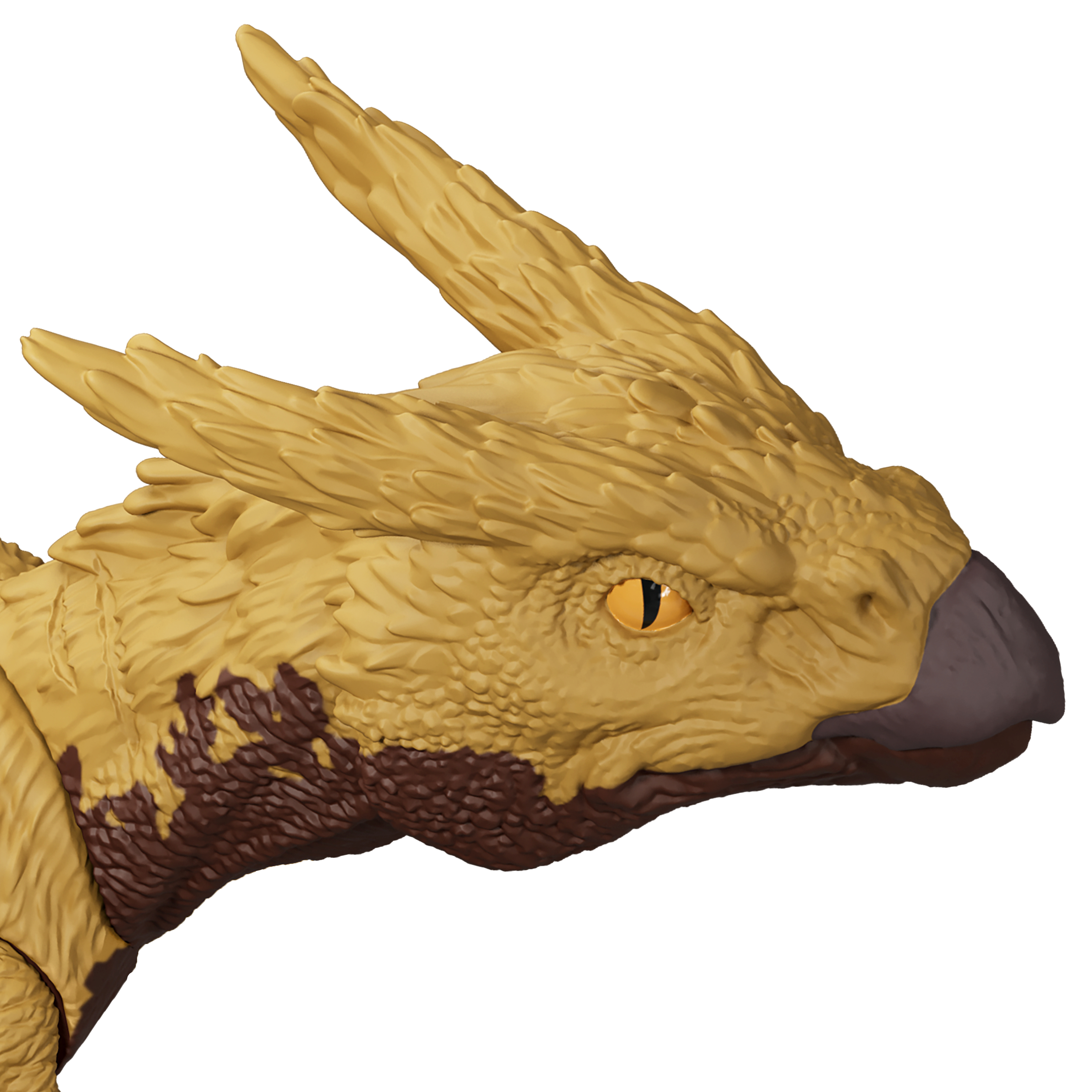 Zbliżenie głowy dinozaura. Głowa jest żółta i brązowa, z ciemnym dziobem. Białe tło.