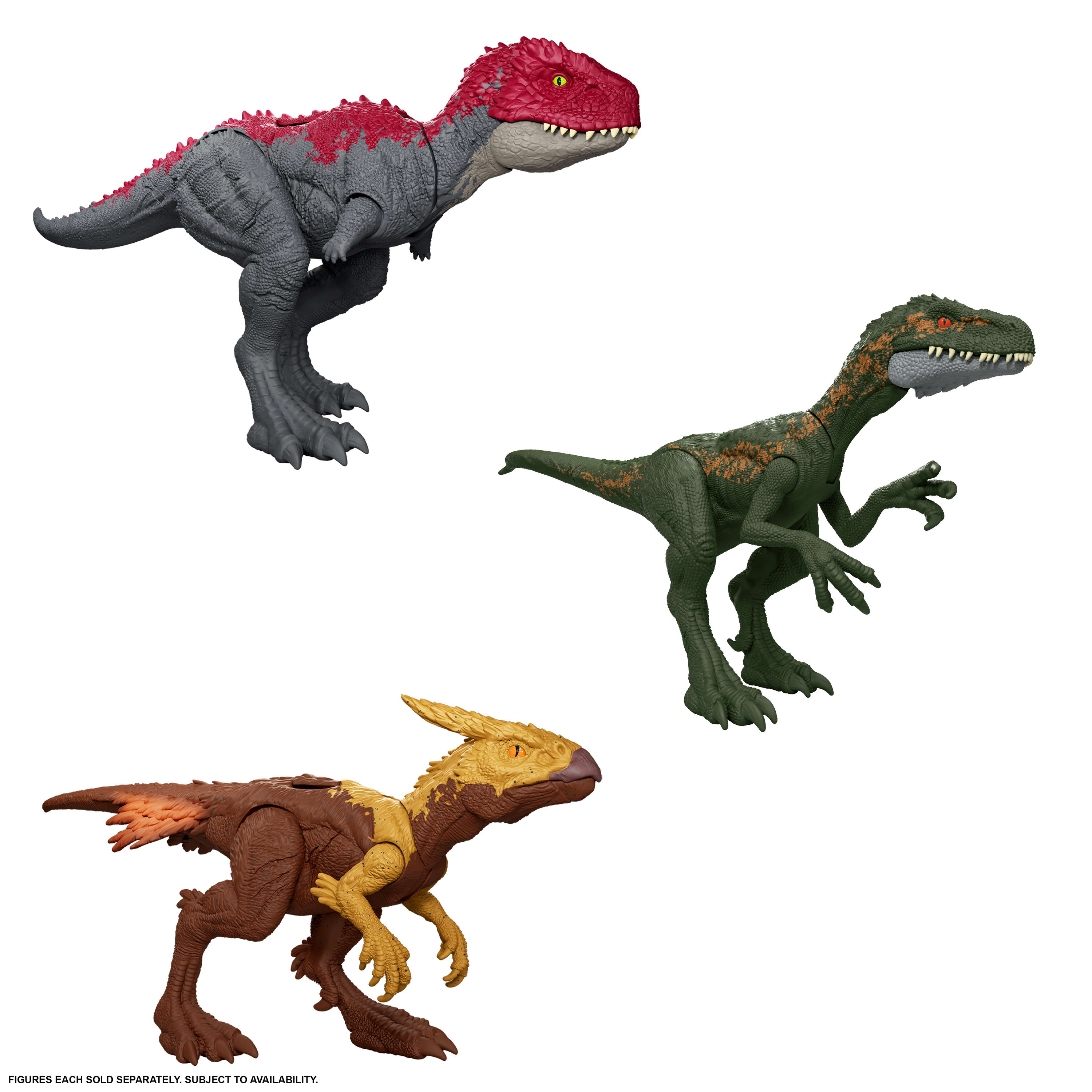 Trzy figurki dinozaurów w różnych kolorach i pozach. Białe tło.