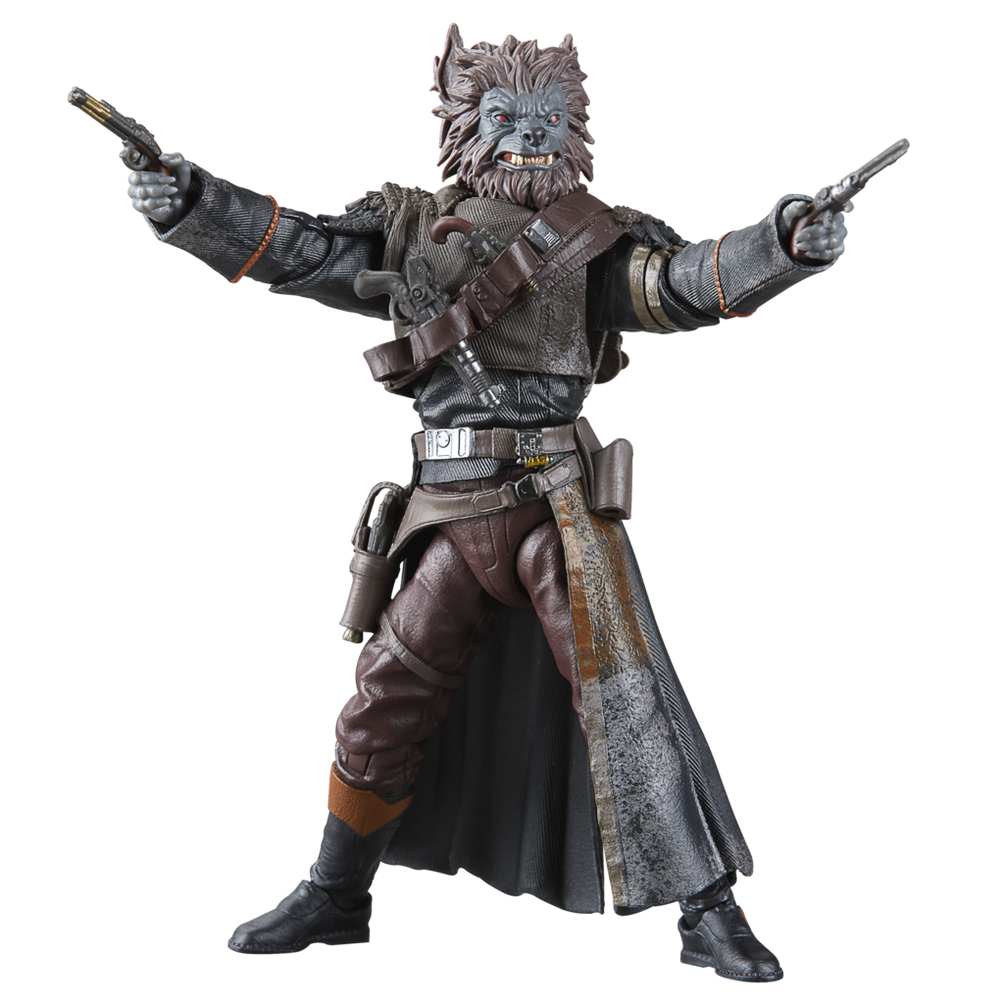 Star Wars figürü, kurt adam benzeri yaratık, iki silah tutuyor, uzun palto.