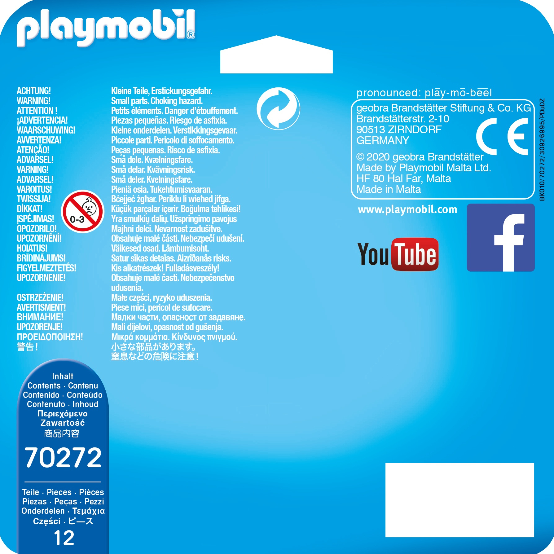 Spielzeugverpackung mit Text und Warnhinweisen. Es hat das Playmobil-Logo und ein Facebook-Logo. Weißer Hintergrund.