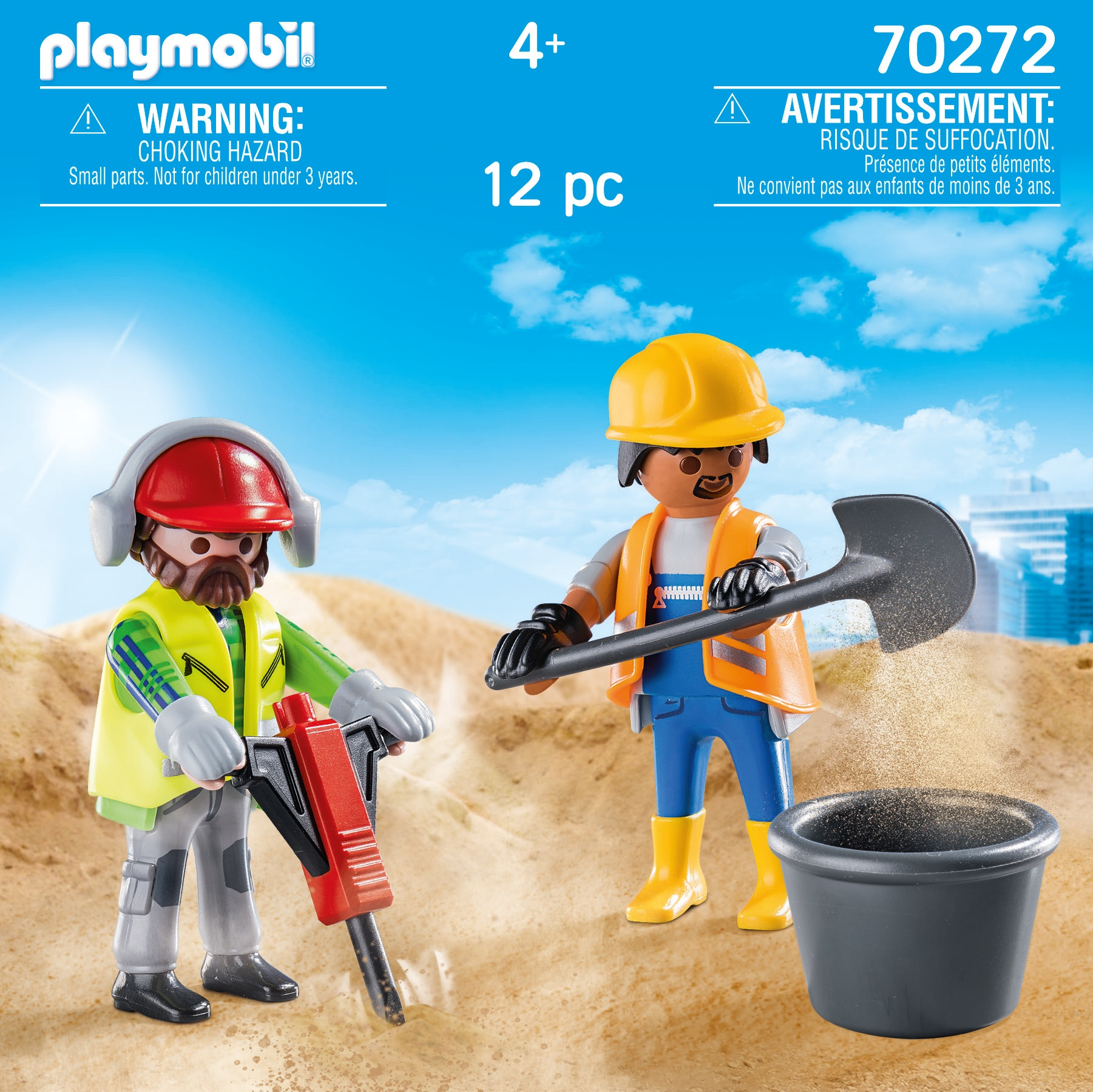 Playmobil-Bausatz mit zwei Arbeitern, einer mit Presslufthammer und der andere mit Axt.
