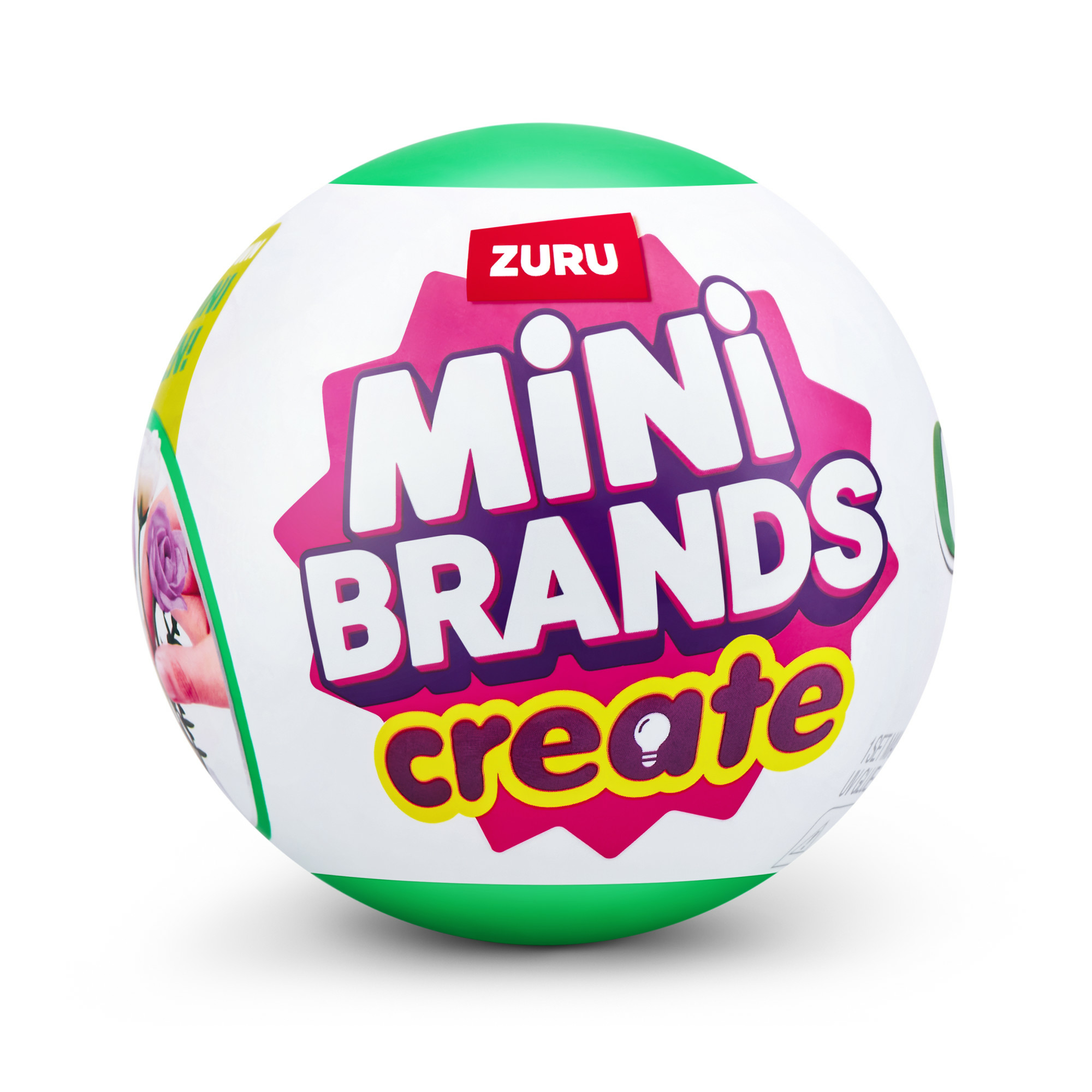 Una bola blanca con 'Mini Brands'. La bola tiene la parte superior e inferior verdes.