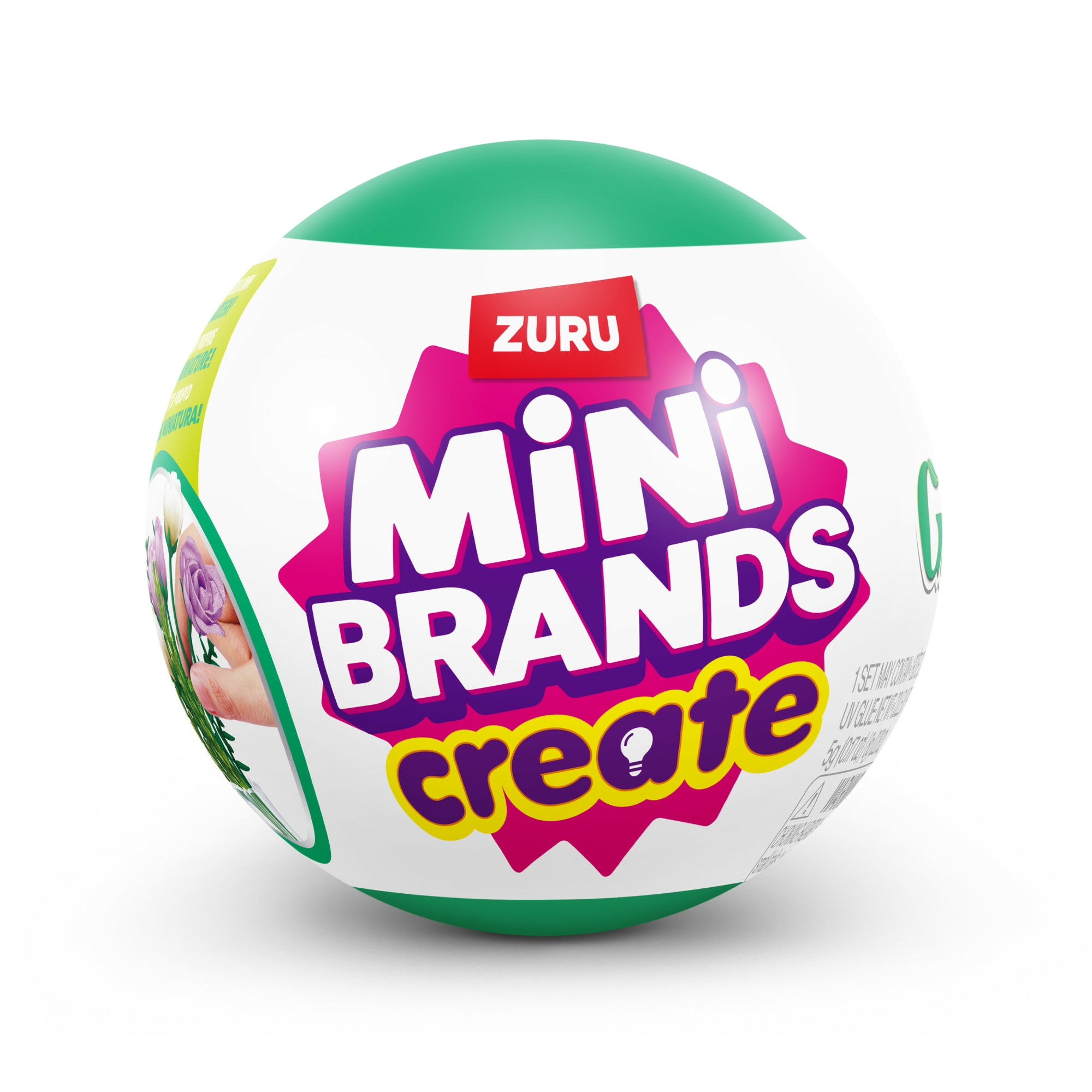 Bola ZURU Mini Brands, blanca con tapa verde, mostrando el logo e imágenes de flores.