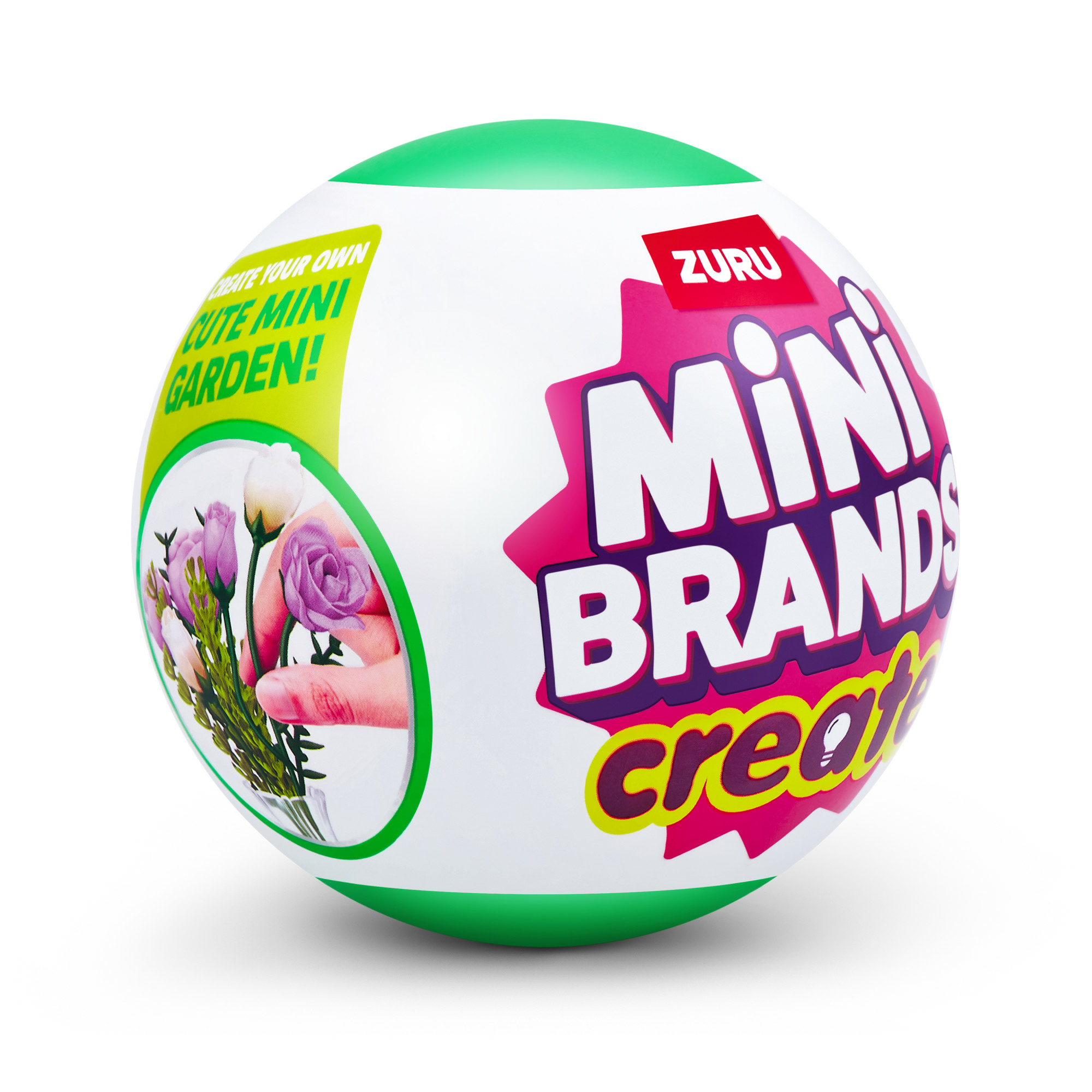 Bola ZURU Mini Brands, blanca con tapa verde, mostrando el logo e imagen de flores en la mano.