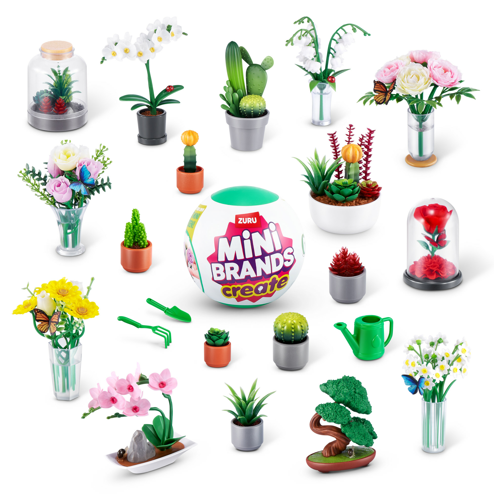 Juguetes Mini Brands con varias plantas y flores en recipientes transparentes. Fondo blanco.
