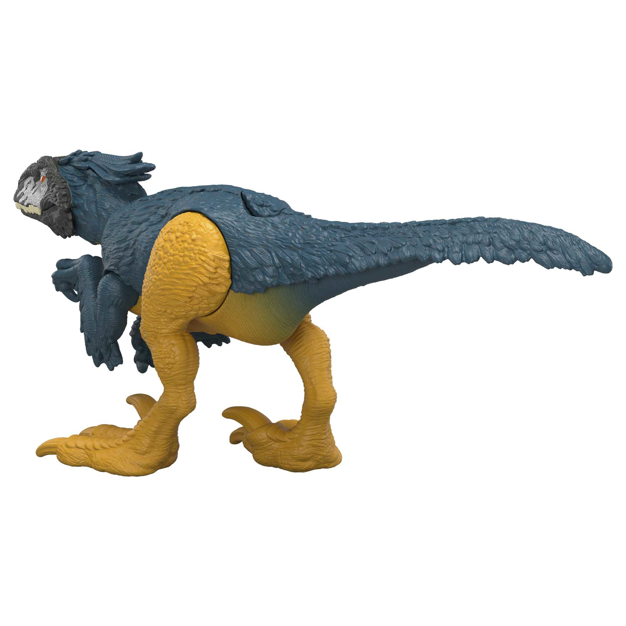 Dinosauro giocattolo, blu e giallo, in piedi con testa e coda scure, vista laterale.