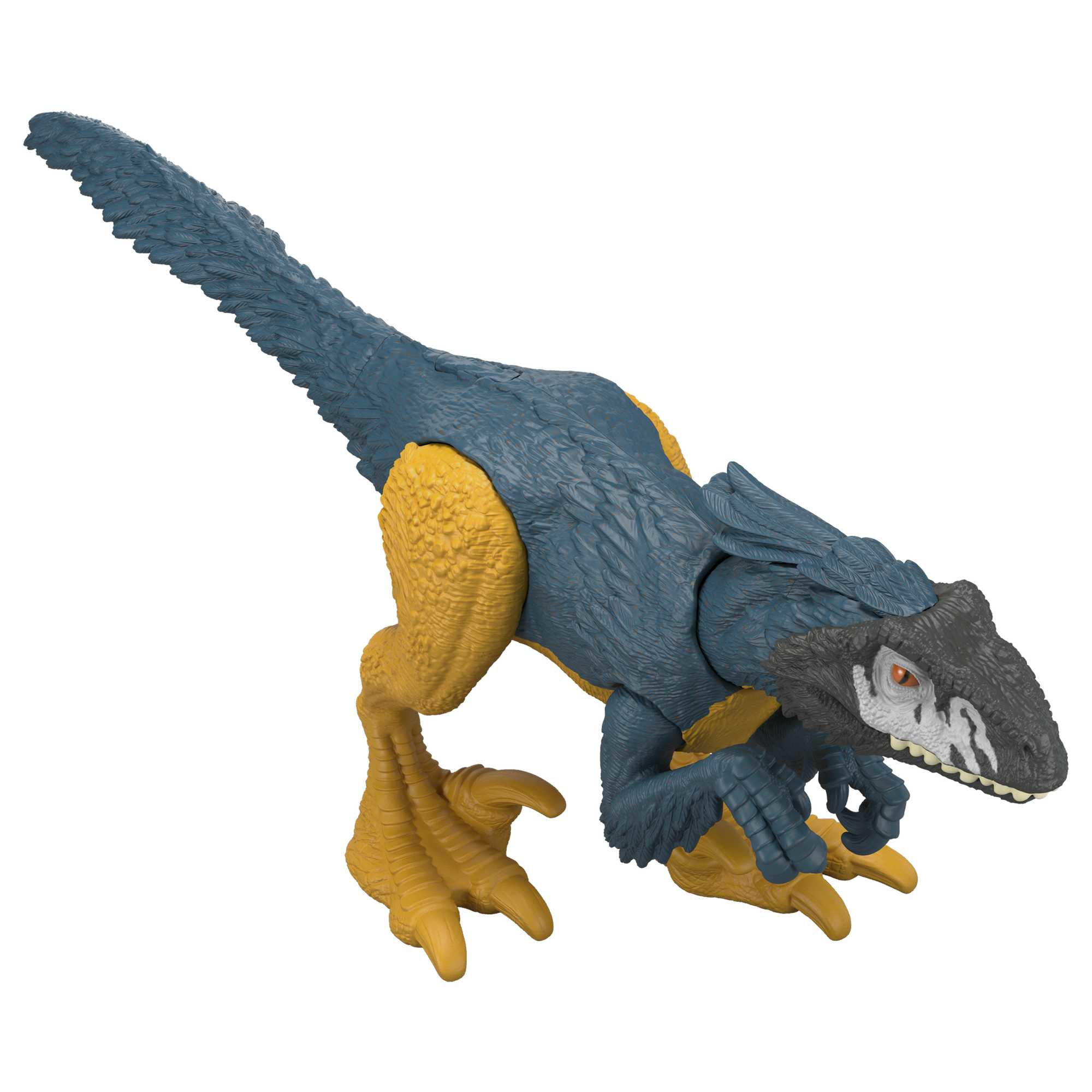 Action figure di dinosauro in posa dinamica con colori blu e giallo. Sfondo bianco.