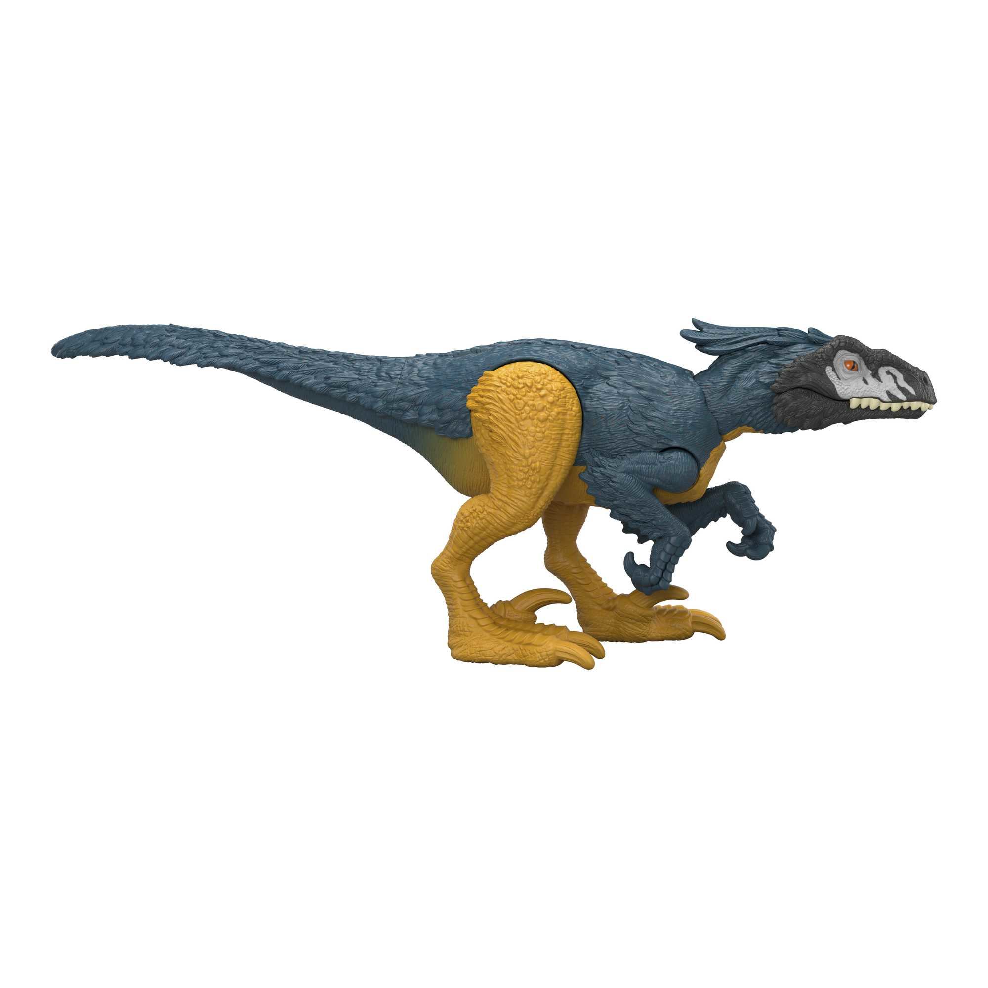 Un dinosauro giocattolo che corre. È blu e giallo, con una faccia scura, su uno sfondo bianco.
