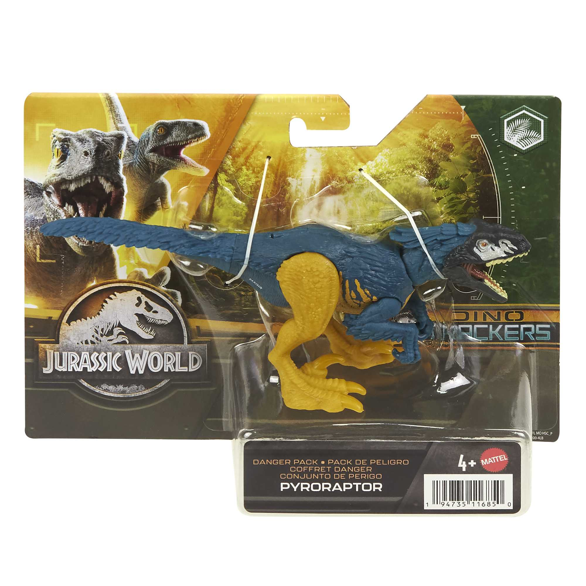 Confezione giocattolo Jurassic World. Figura Pyroraptor, colori blu e giallo, in confezione di plastica.