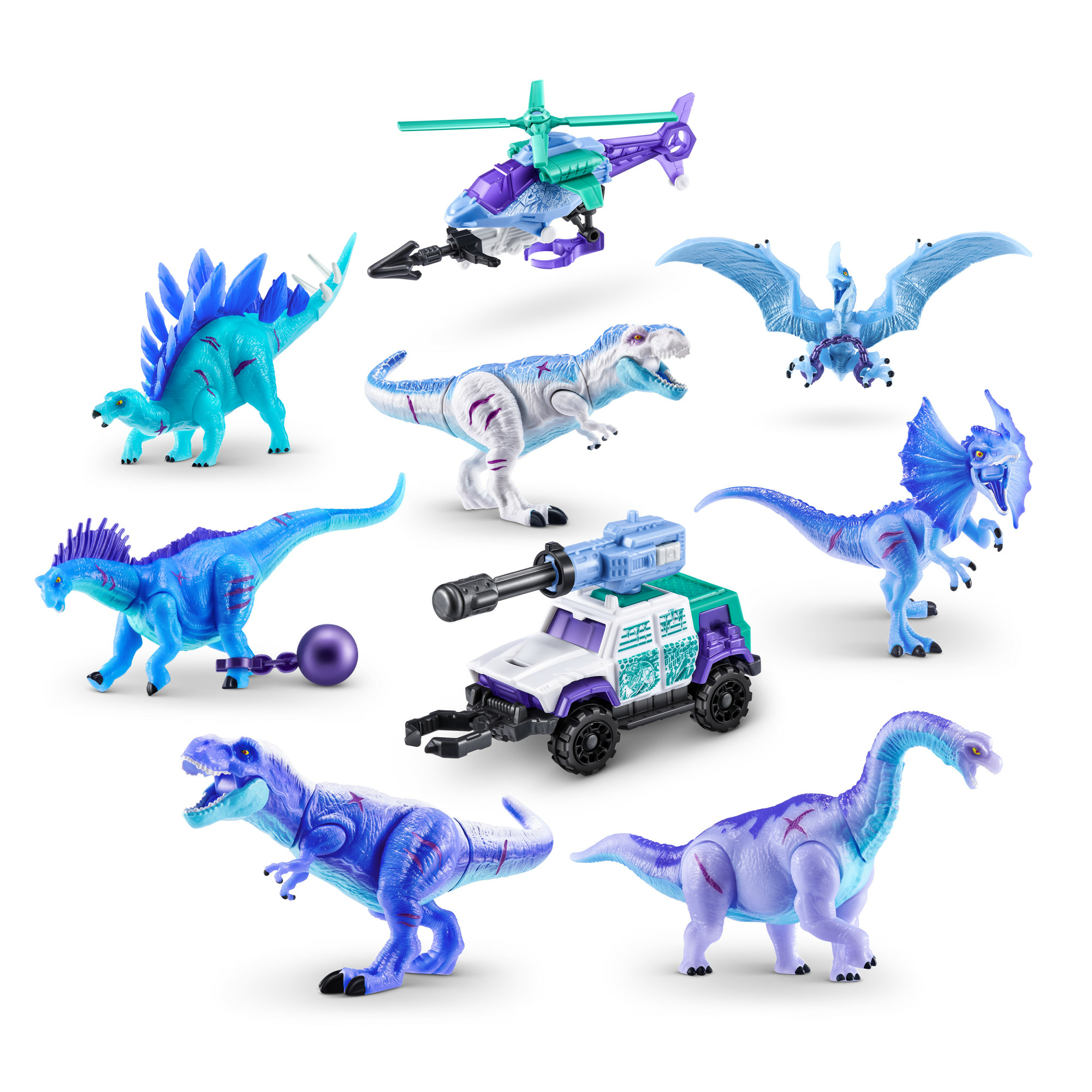 Dinosauri giocattolo, un elicottero e un veicolo. Giocattoli blu, viola e verdi. Sfondo bianco. Varietà di dinosauri.