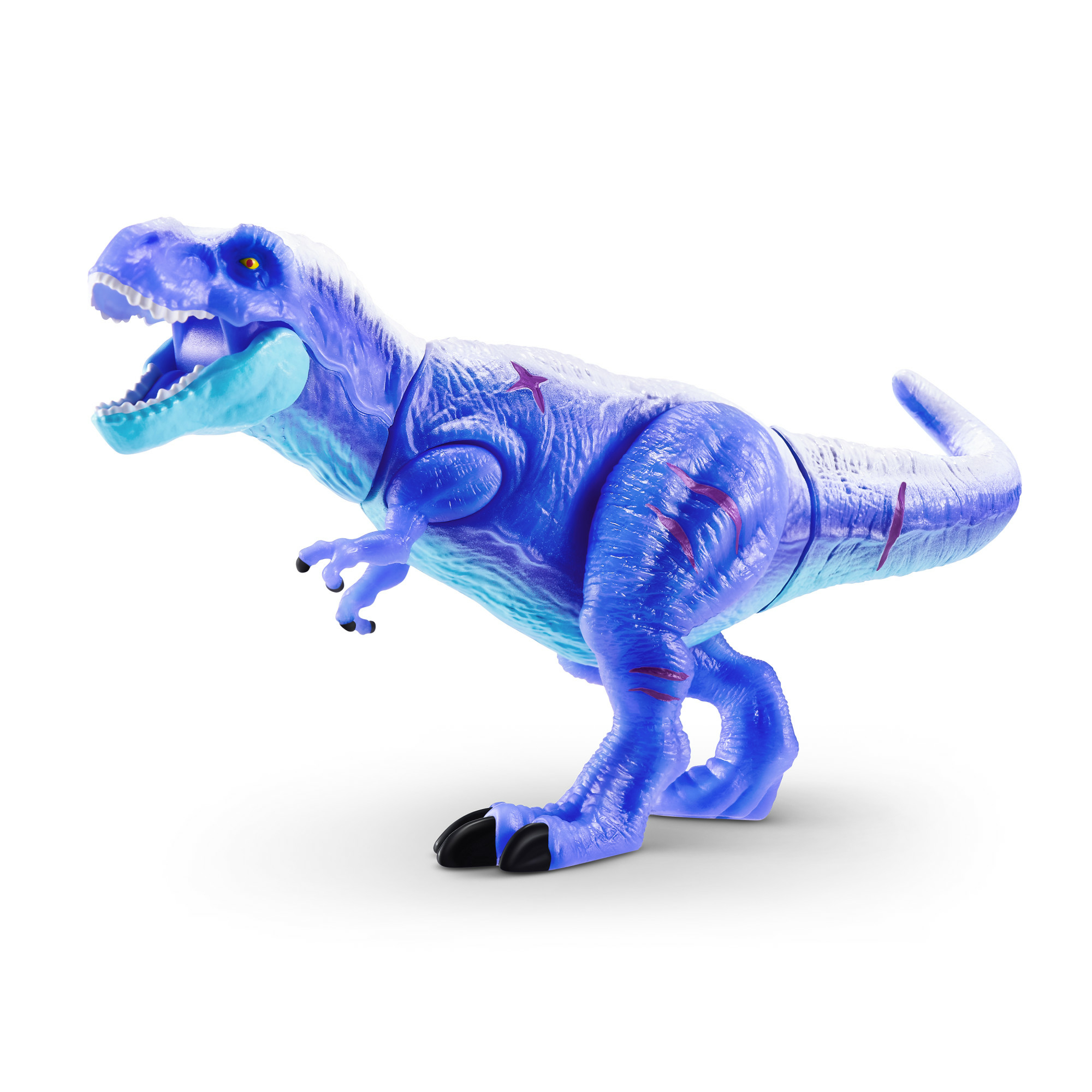 Un giocattolo di dinosauro blu con occhi gialli e segni rossi sul corpo.