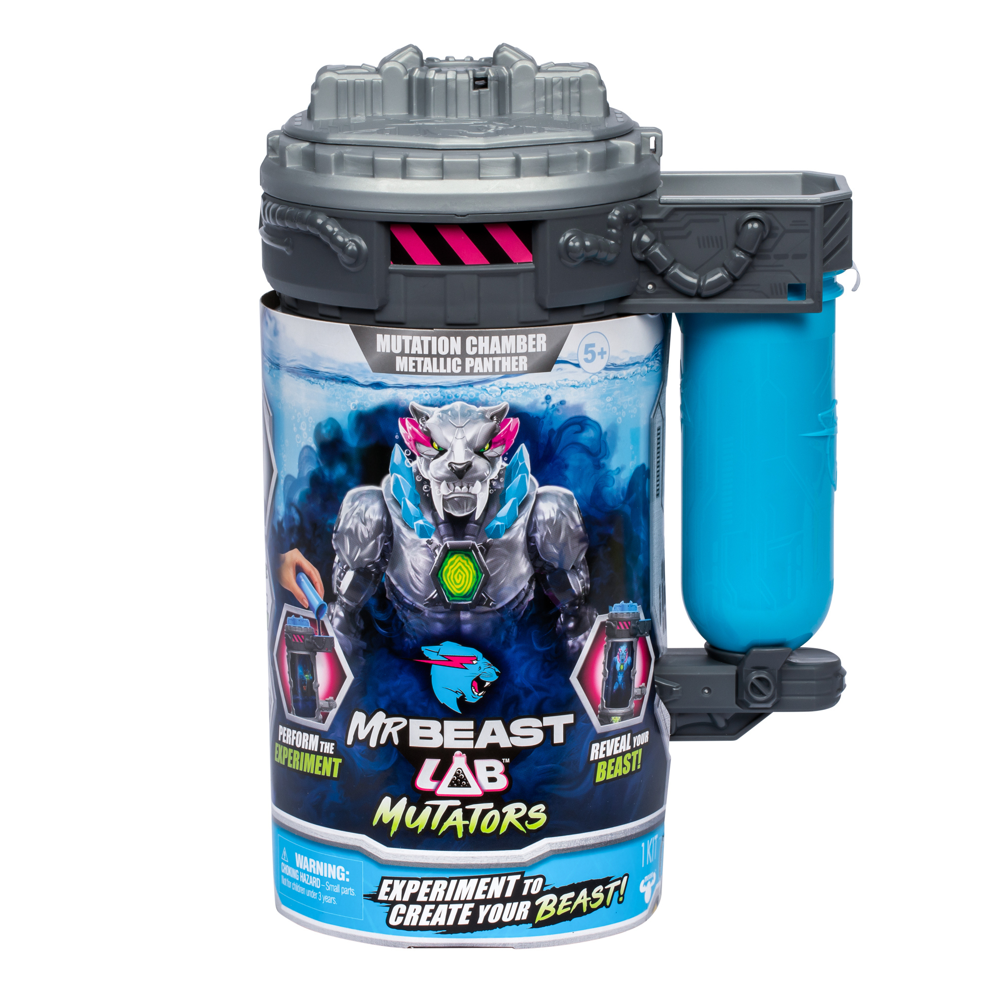 Cylindryczne opakowanie zabawki z niebieskim i szarym wzorem. Przedstawia potwora.