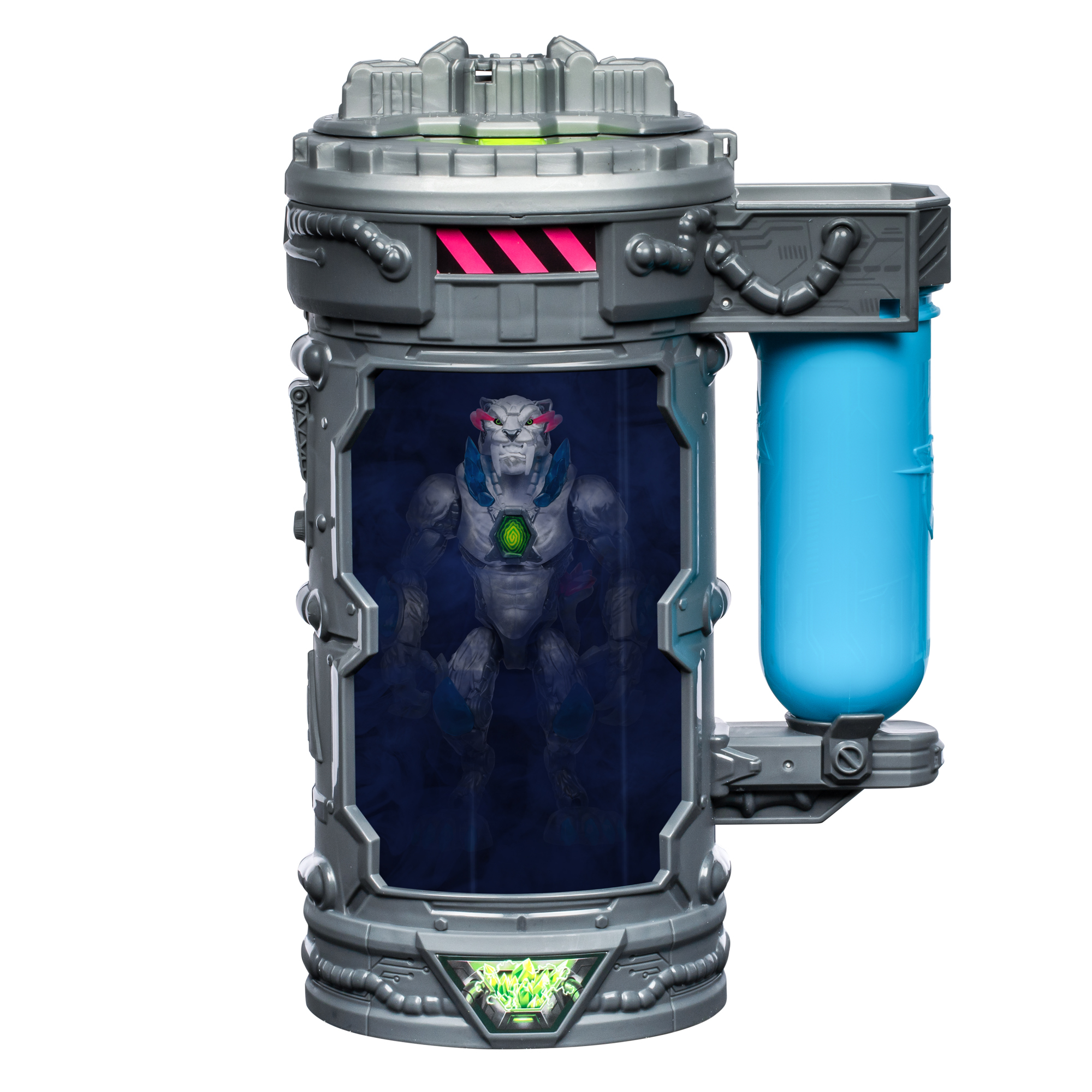 Figurka wewnątrz pojemnika. Figurka jest biała z niebieskimi detalami. Pojemnik jest szary i niebieski.