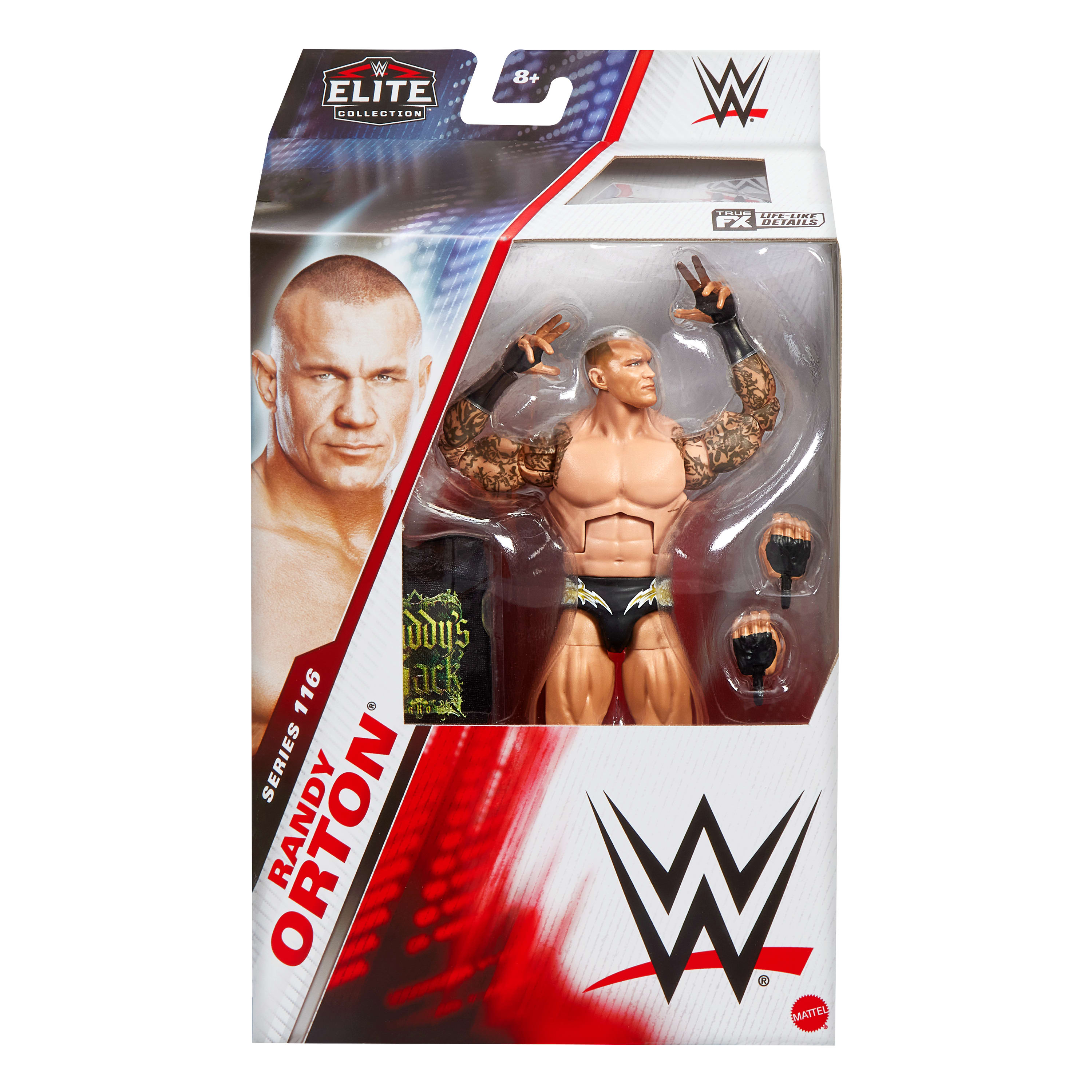 Verpackung für eine Randy Orton Wrestlingfigur. Die Figur wird gezeigt, und die Box zeigt ein Foto von Orton.
