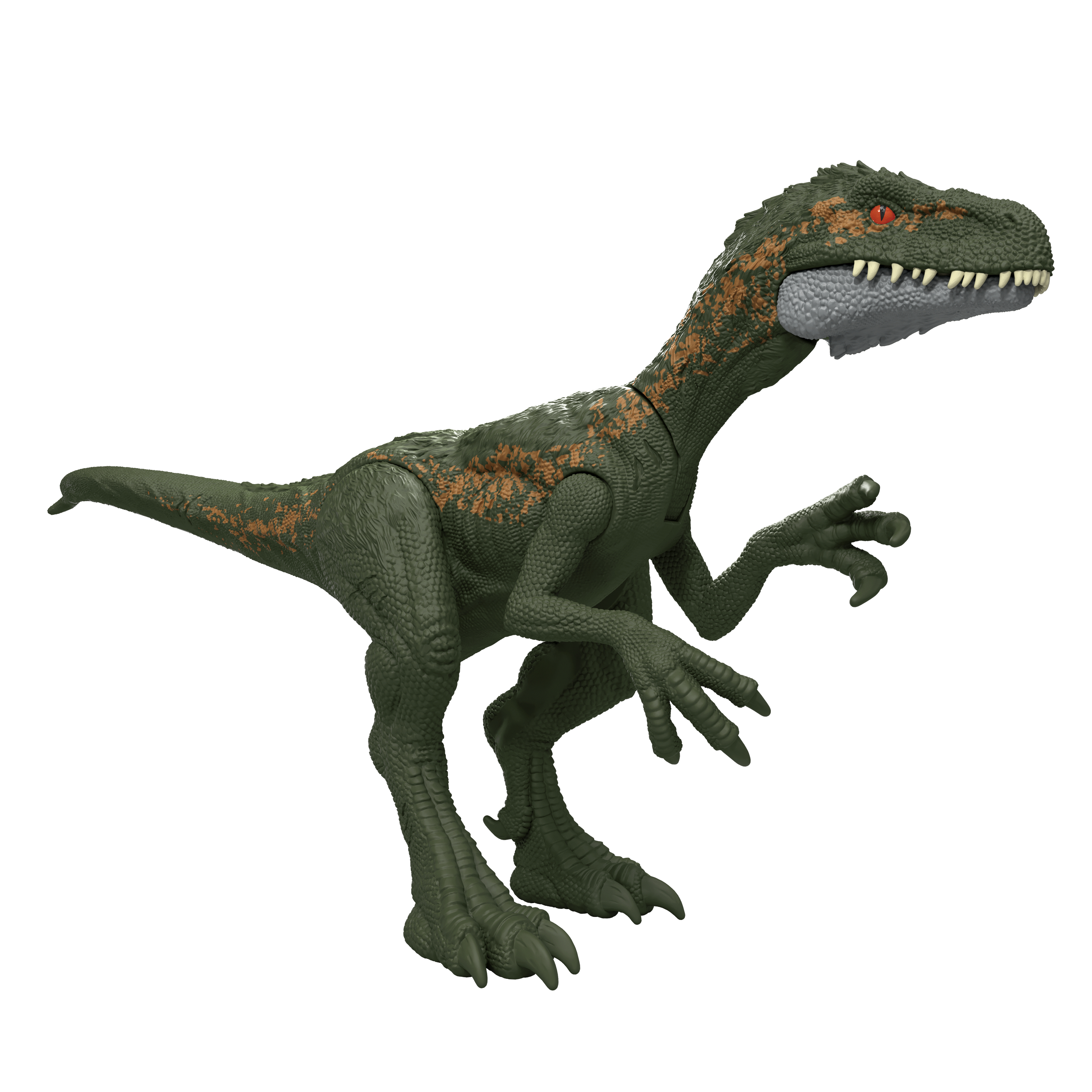 Zielona zabawka dinozaura z pomarańczowymi oznaczeniami. Ma groźny wyraz twarzy.