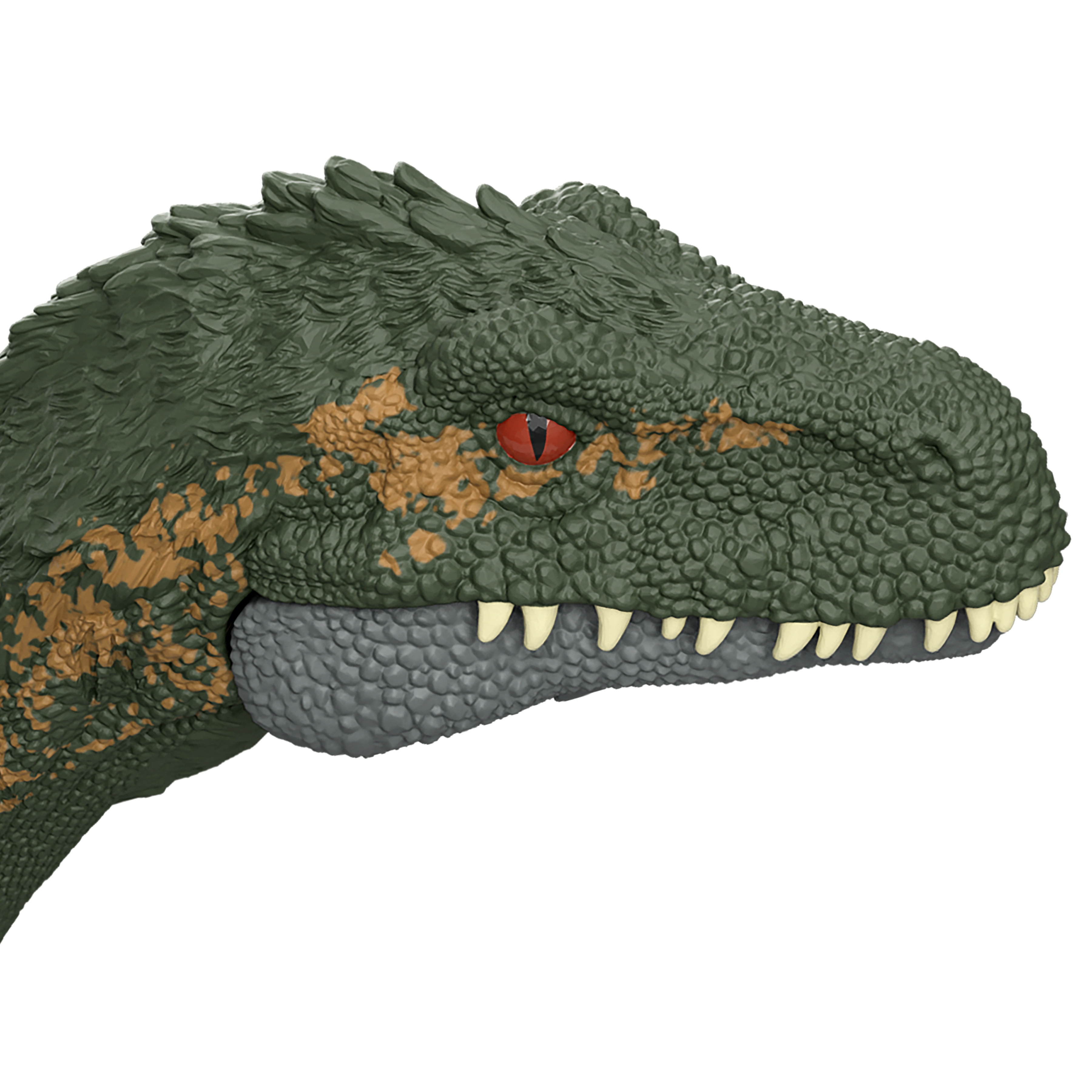Zbliżenie na zieloną głowę dinozaura z czerwonymi oczami.