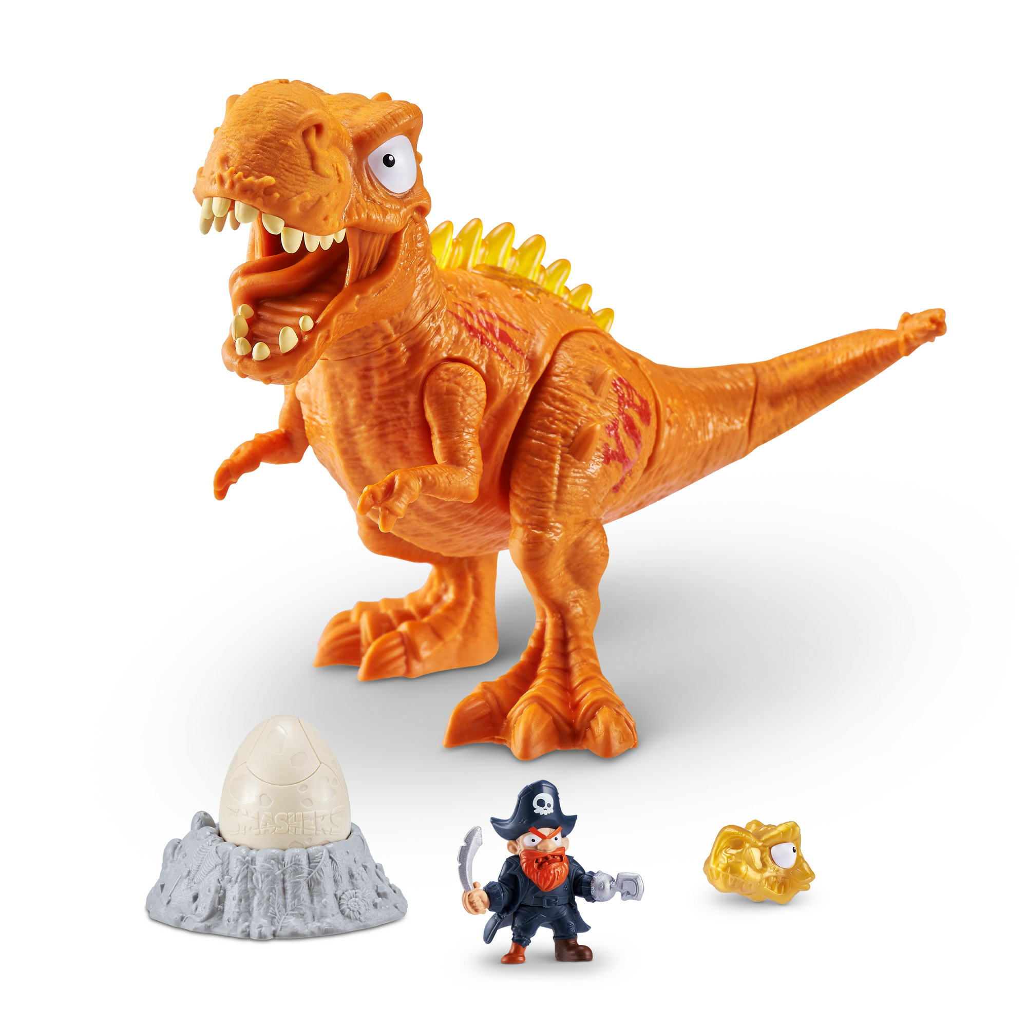 Orange Dinosaurierspielzeug mit Piraten, Ei und Goldstücken.