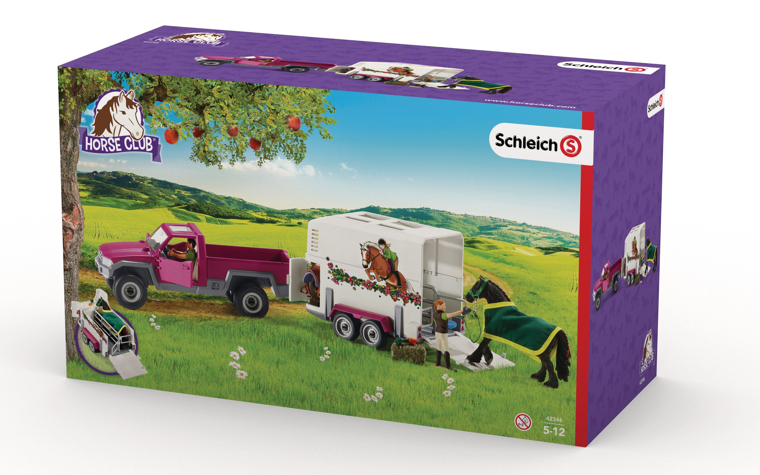 Set scatola giocattolo di un rimorchio per cavalli. La scatola ha un camion, un rimorchio e una scena equestre.