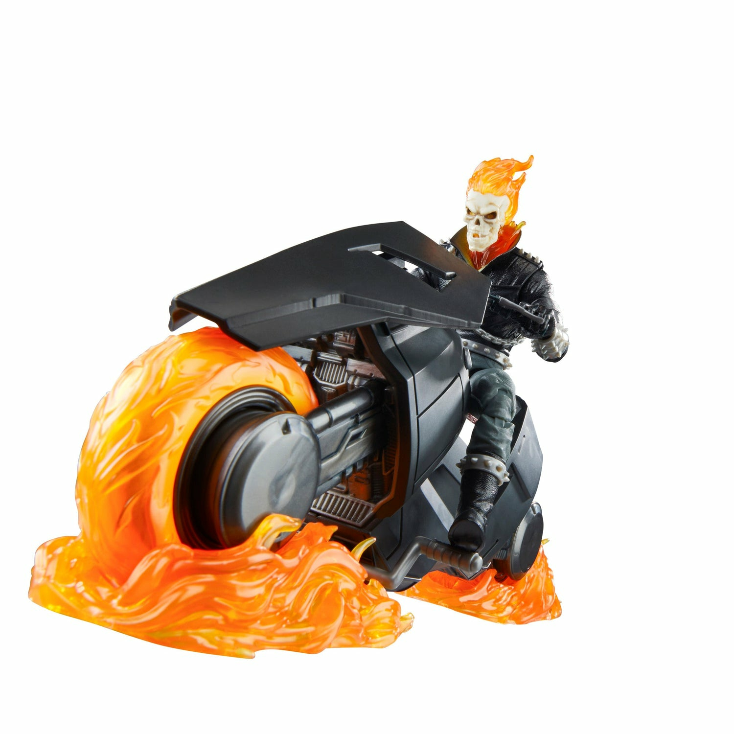 Figurka Ghost Rider na płonącym motocyklu. Figurka to szkielet z płonącą głową.