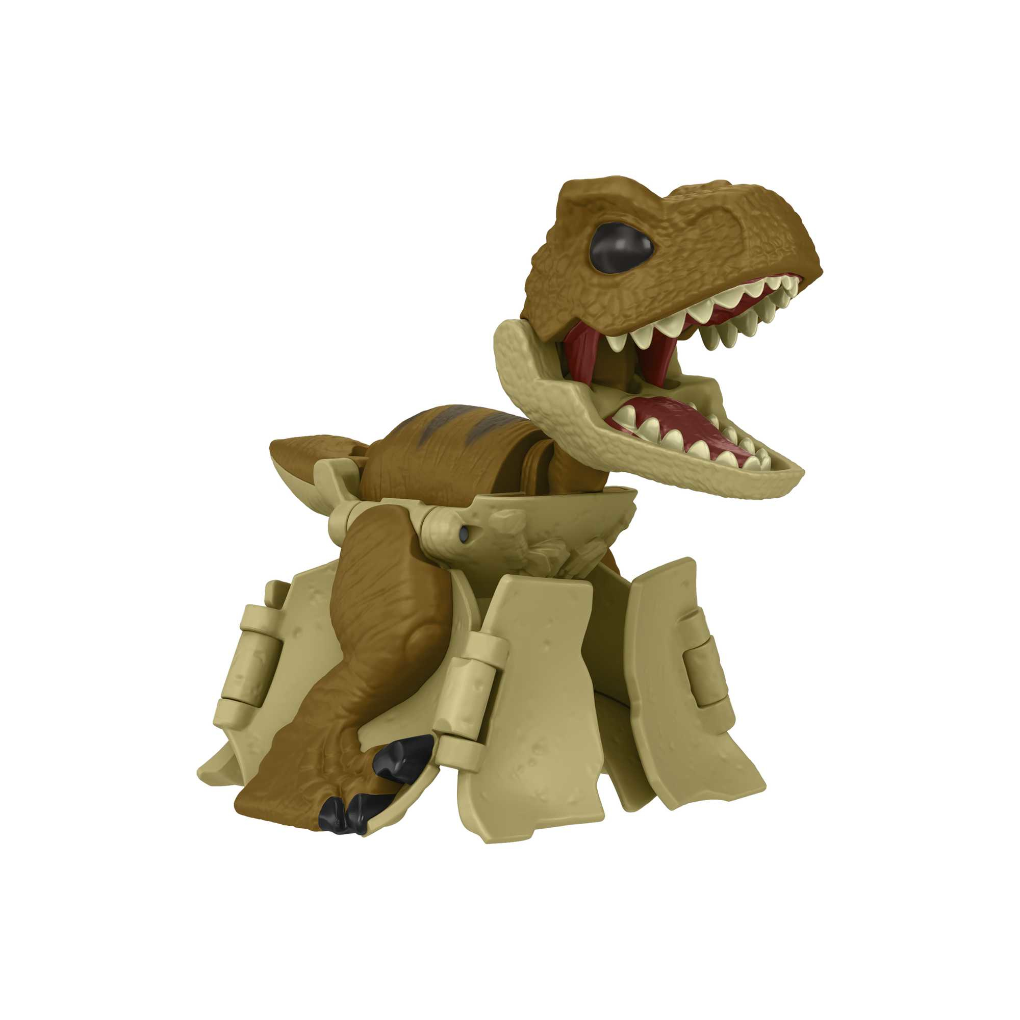 Ein braunes Dinosaurierspielzeug mit offenem Maul, hellbraunem Körper und beige-farbenen, rüstungsartigen Teilen an den Seiten.