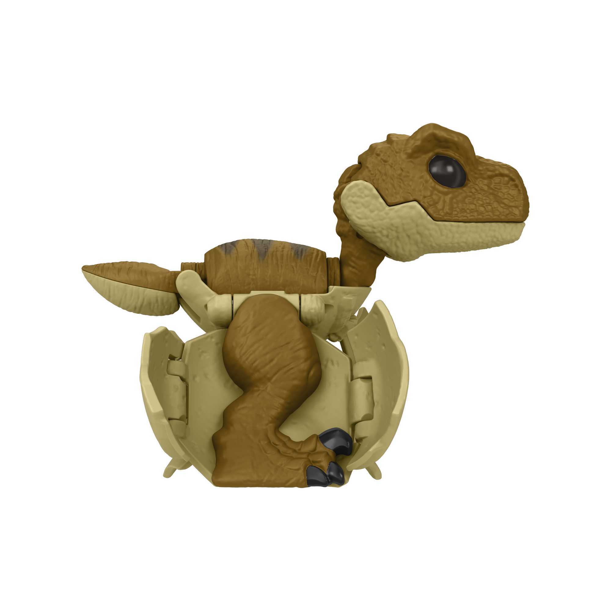 Dinosaurier-Spielzeug im Ei. Brauner und hellbrauner Spielzeug-Dinosaurier, der aus hellbrauner Eierschale kommt.