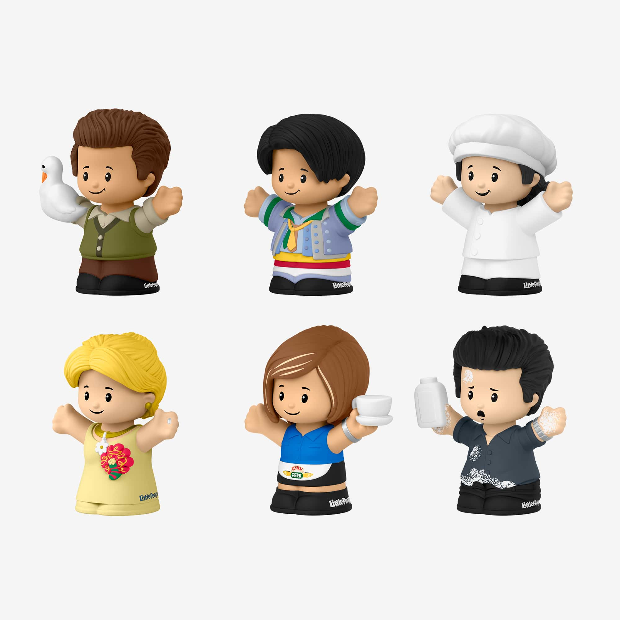 Sześć figurek Little People. Widok z przodu. Różne stroje, w tym szef kuchni i osoba z kaczką.