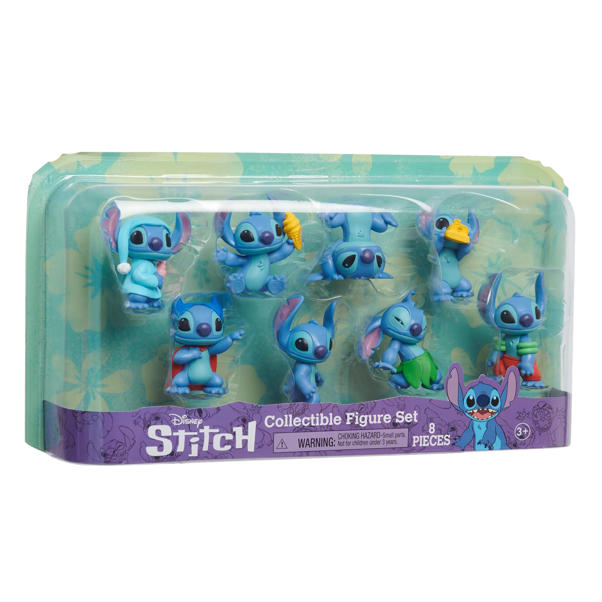 Juego de figuras coleccionables Stitch en un paquete de plástico transparente. Ocho figuras de Stitch en varias poses.