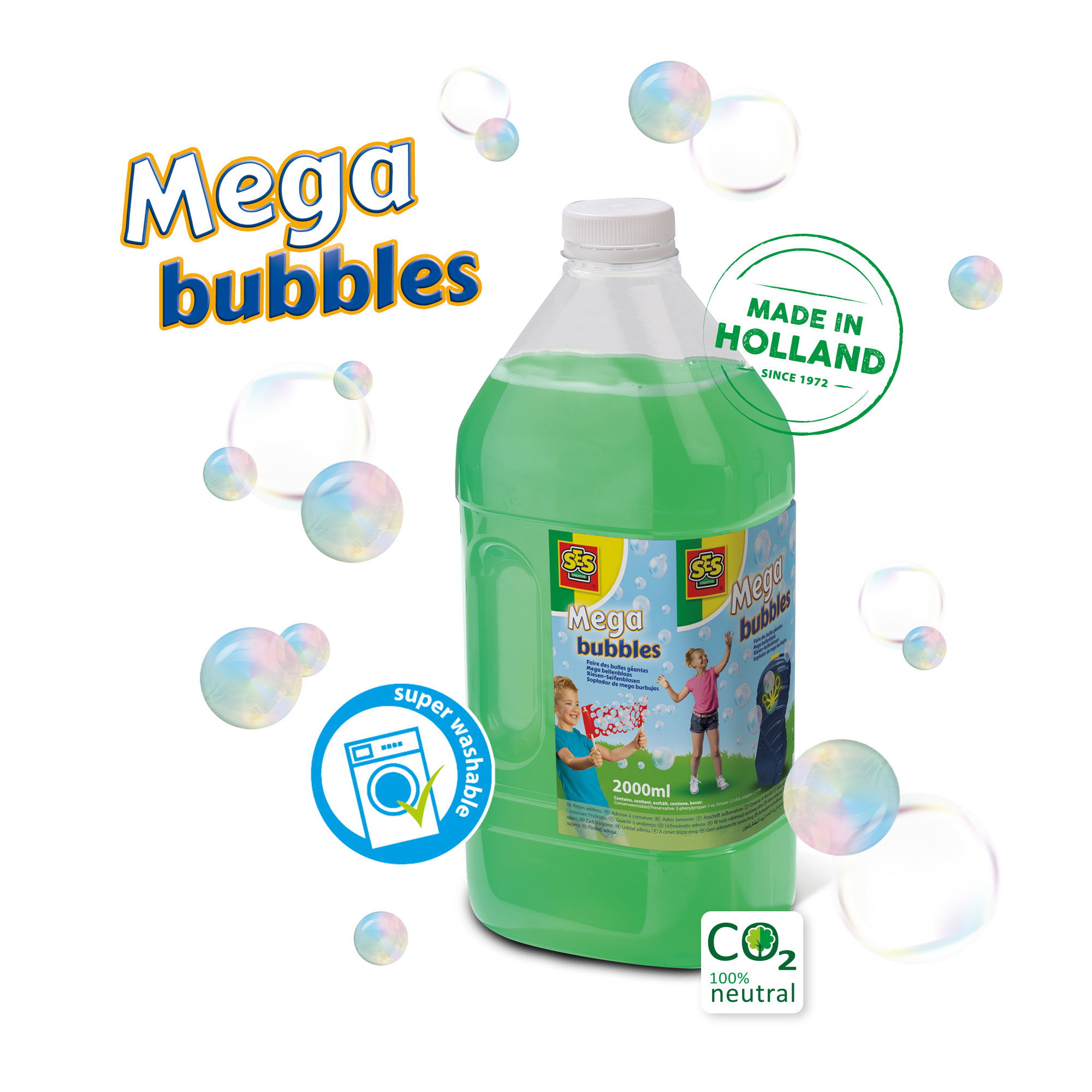 Bottiglia verde di Mega Bubbles, con bolle e logo. Dice 'Made in Holland' e 'Super Washable'.