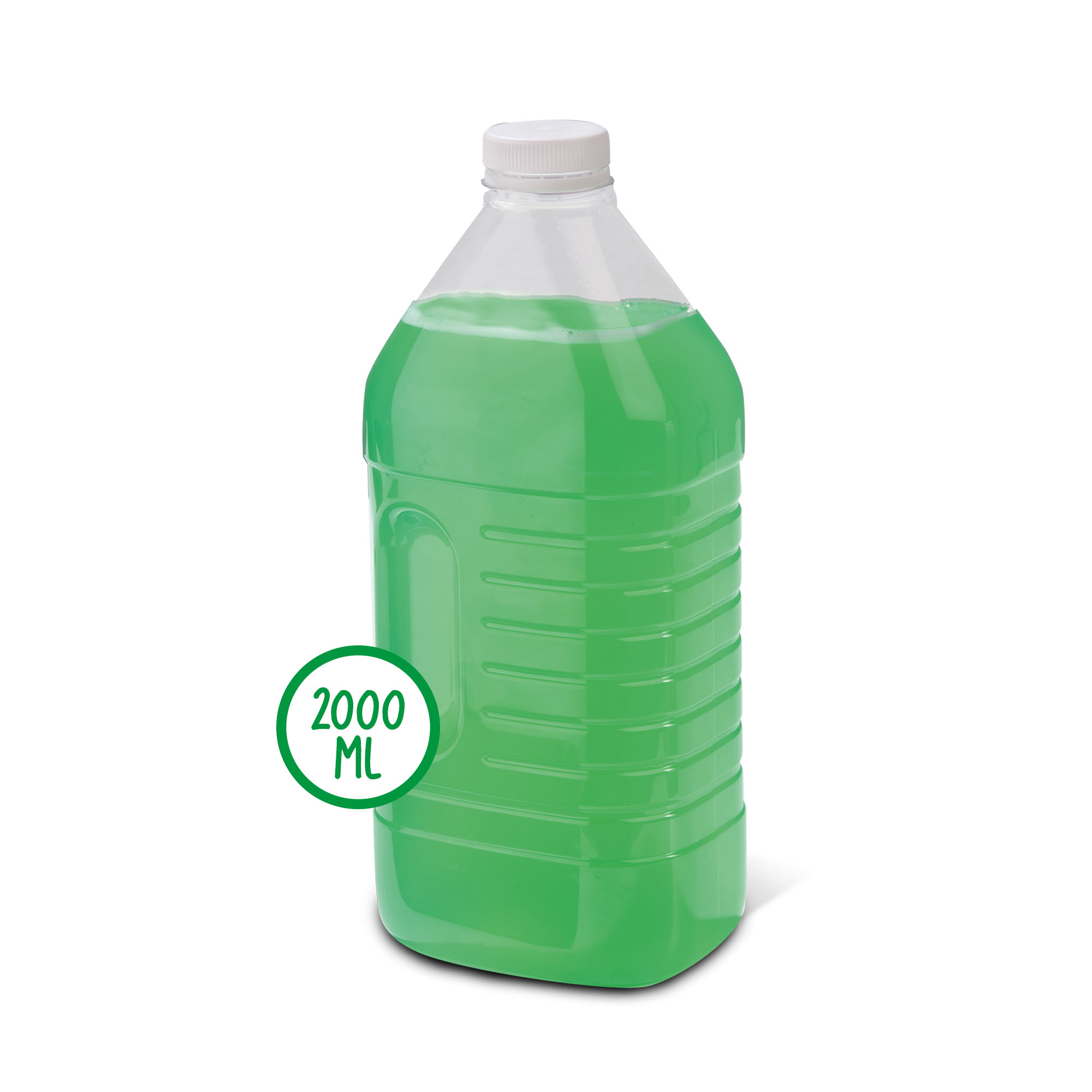 Liquido verde in una bottiglia di plastica trasparente. Tappo bianco, etichetta verde con 2000 ml.