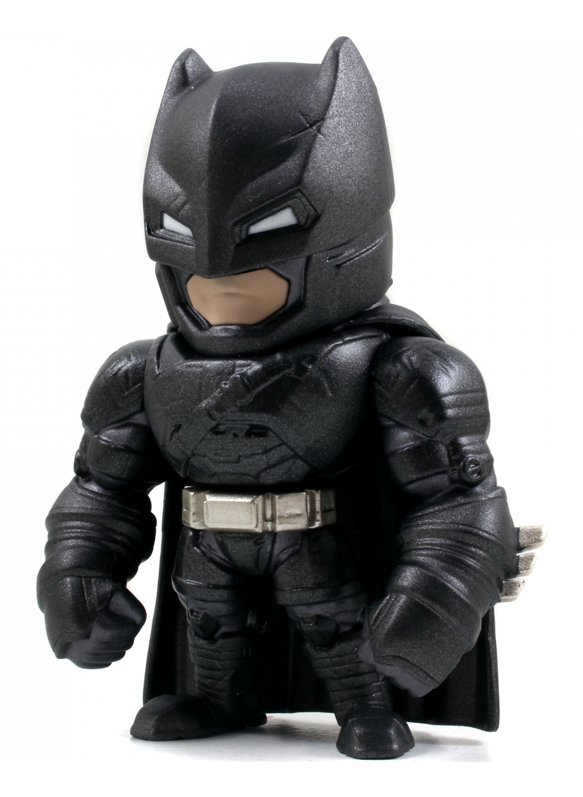 Schwarzes Batman-Spielzeug mit detailliertem Kostüm. Er ist eine stilisierte Figur mit Umhang und silberner Gürtelschnalle.
