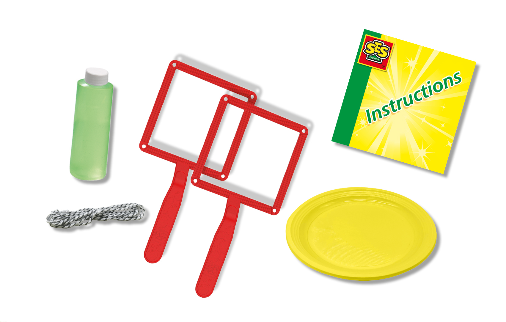 Kit para hacer burbujas. Incluye dos marcos rojos, un plato amarillo, una botella, cuerda e instrucciones.