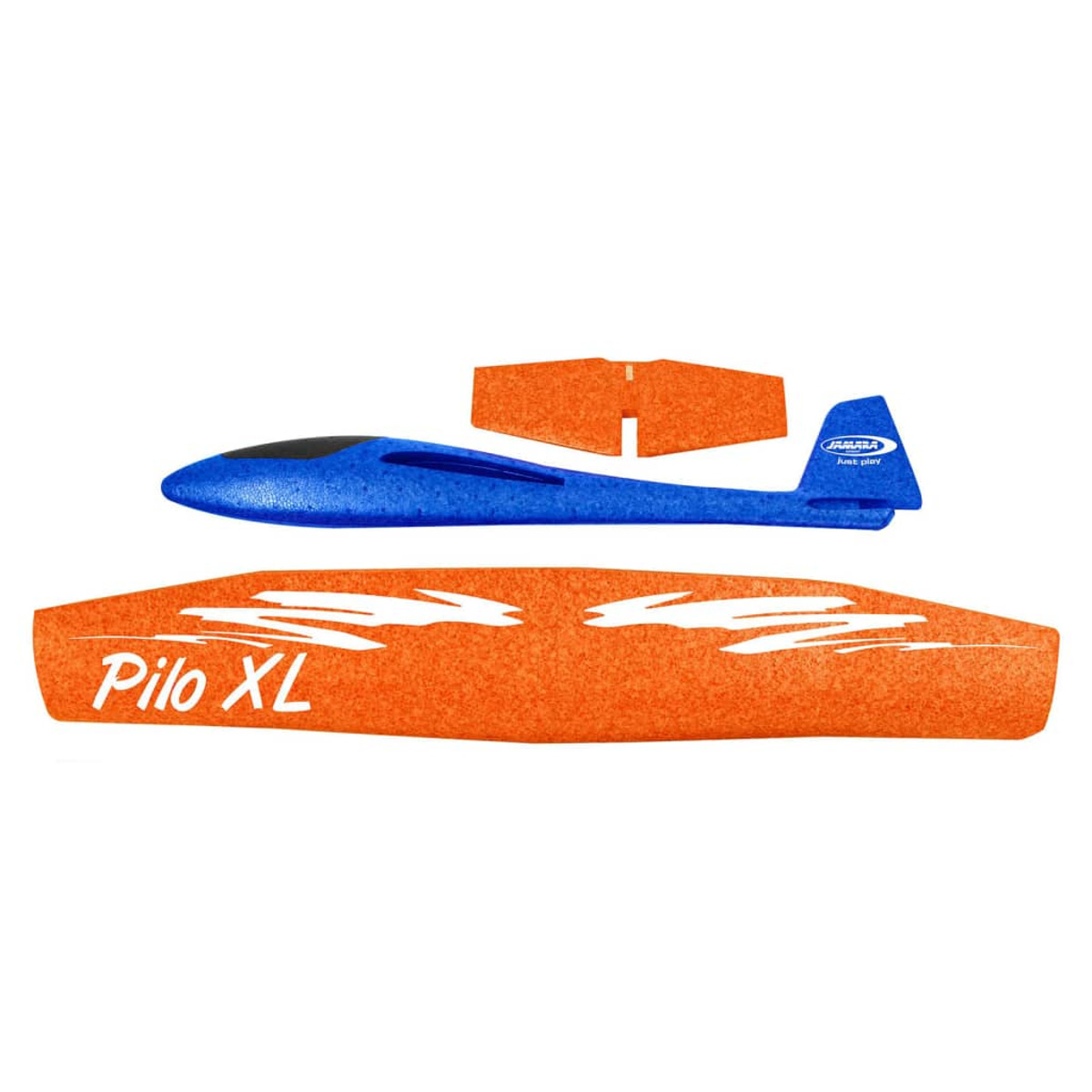 Aliante blu e arancione con ali separate e testo 'Pilo XL'.