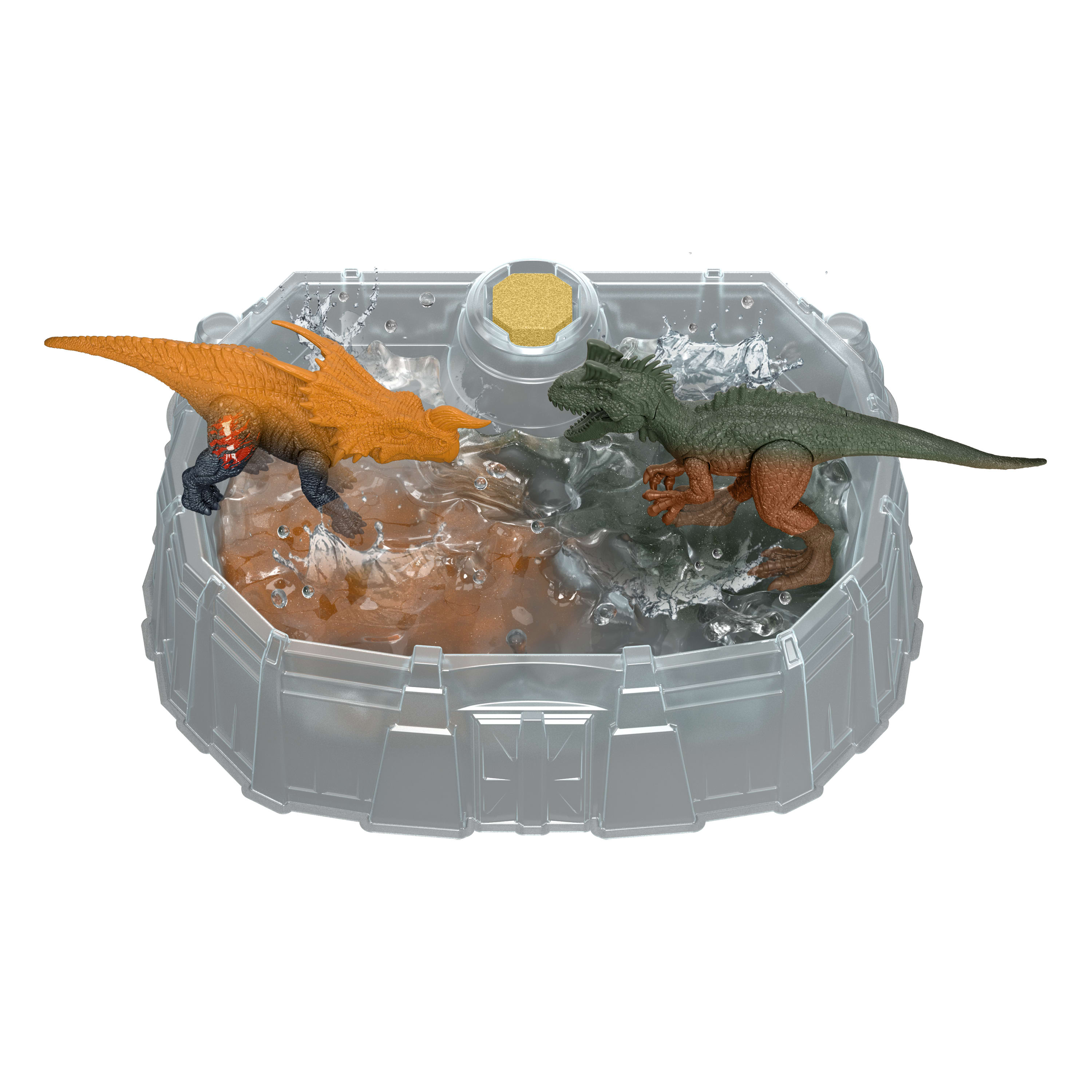 Dos juguetes de dinosaurios enfrentados en un contenedor octogonal lleno de agua.