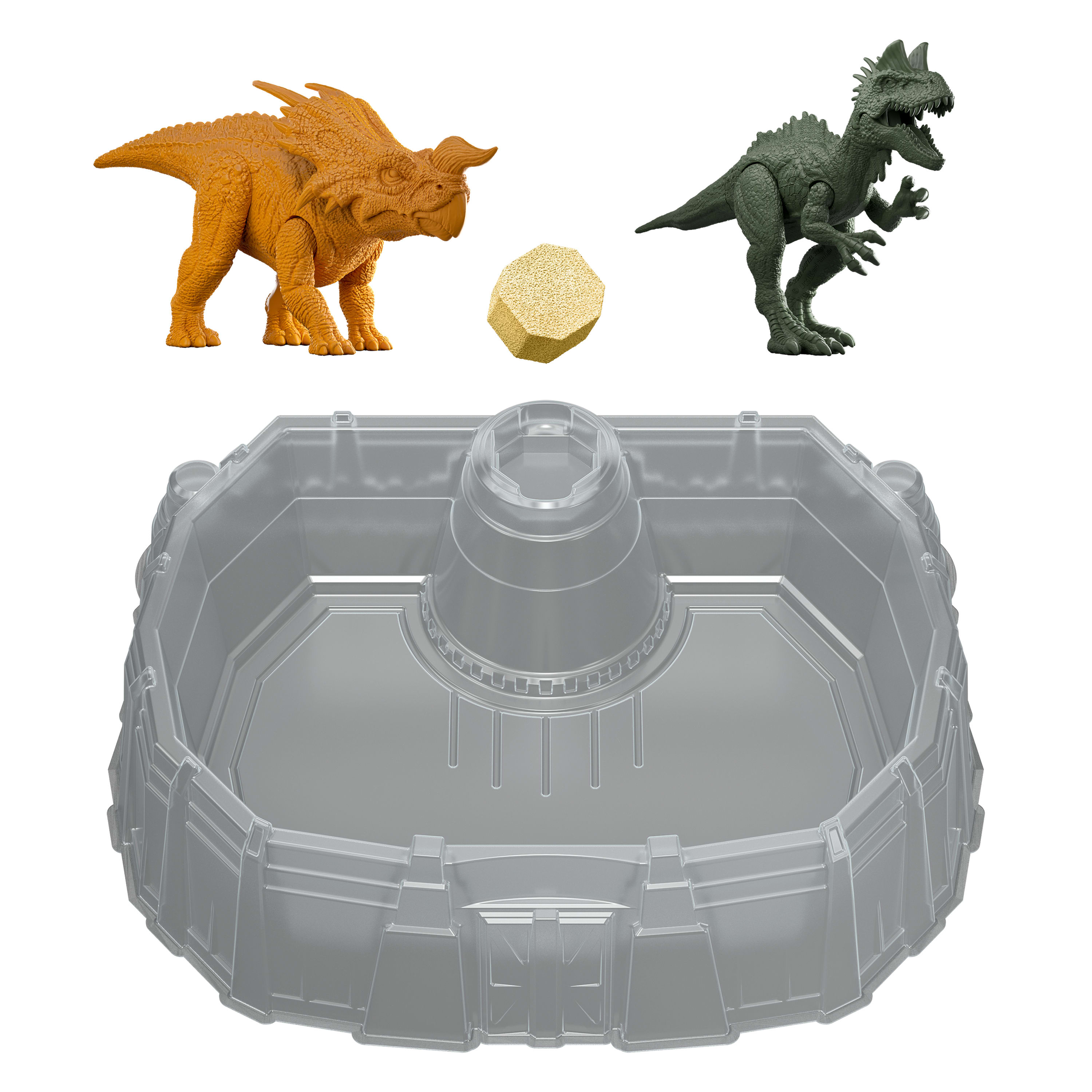 Set de juego de dinosaurios con una arena transparente, dos figuras de dinosaurios y una roca beige. Fondo blanco.