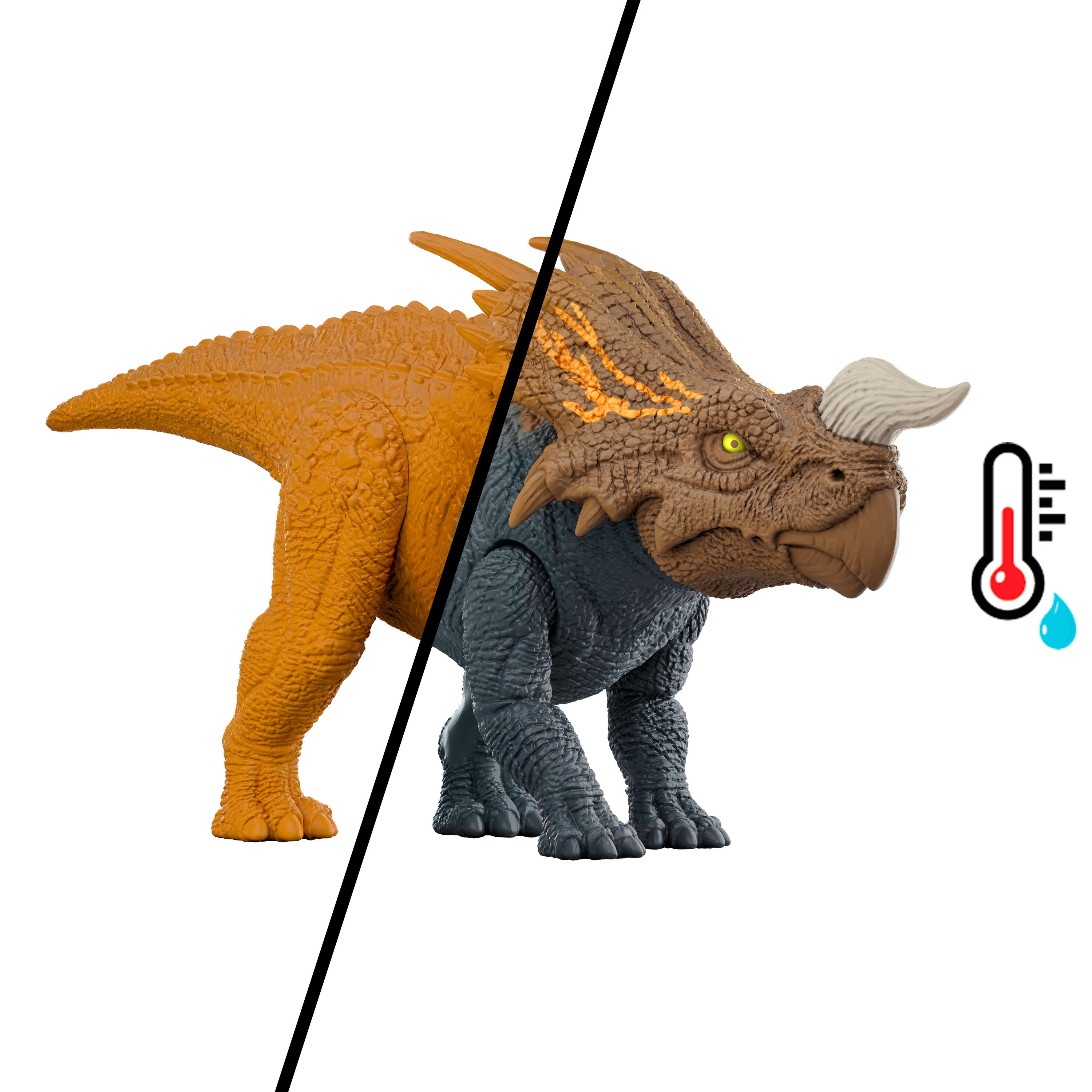 Un juguete de dinosaurio, con división de color por la mitad y un icono de termómetro.
