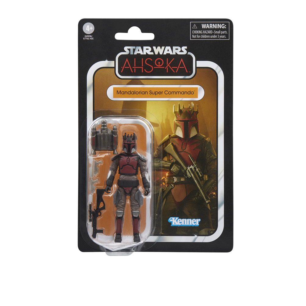 Figura di Star Wars Ahsoka Mandalorian Super Commando in una confezione bianca e nera.