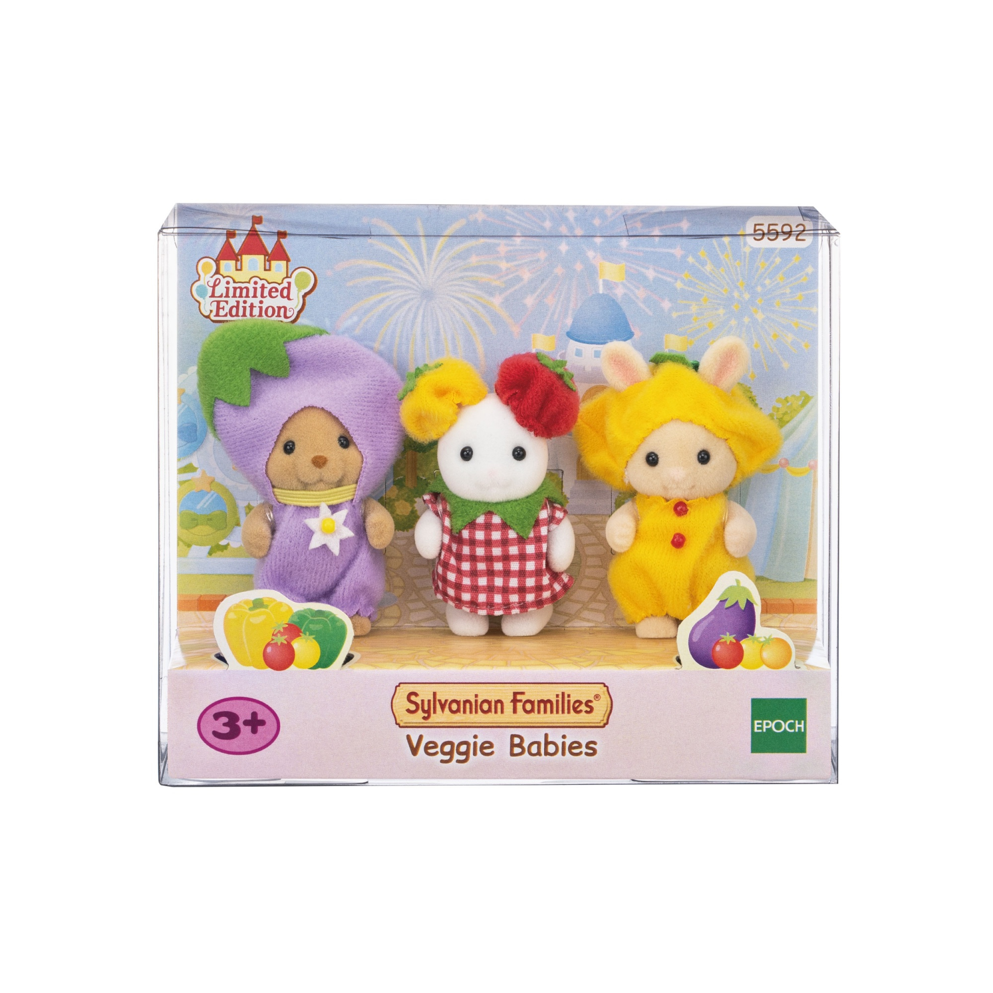 Zestaw zabawek Sylvanian Families Veggie Babies, w przezroczystym plastikowym opakowaniu.