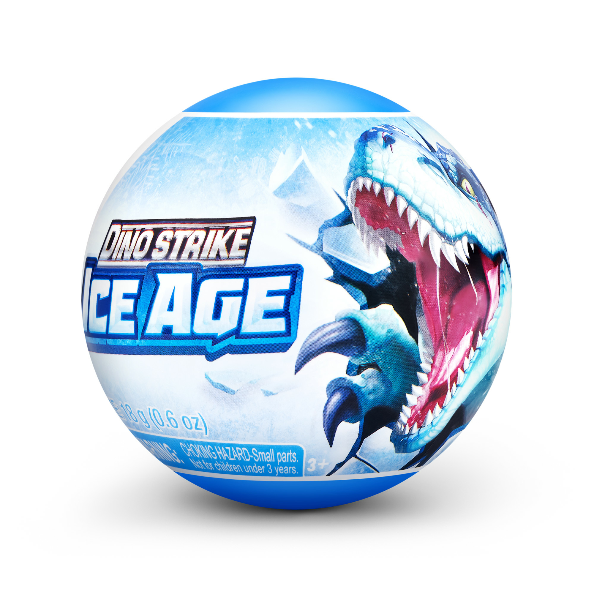 Una palla giocattolo Dino Strike Ice Age con un'illustrazione di dinosauro. Sfondo bianco.